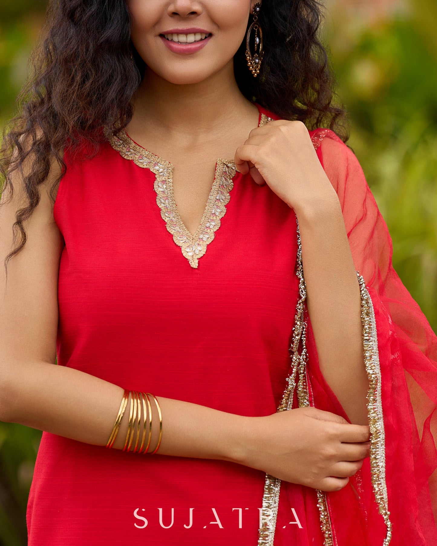 Chic Red Silk Embellished Kurta with Additional Brocade Gharara Bottom and Dupatta Additional