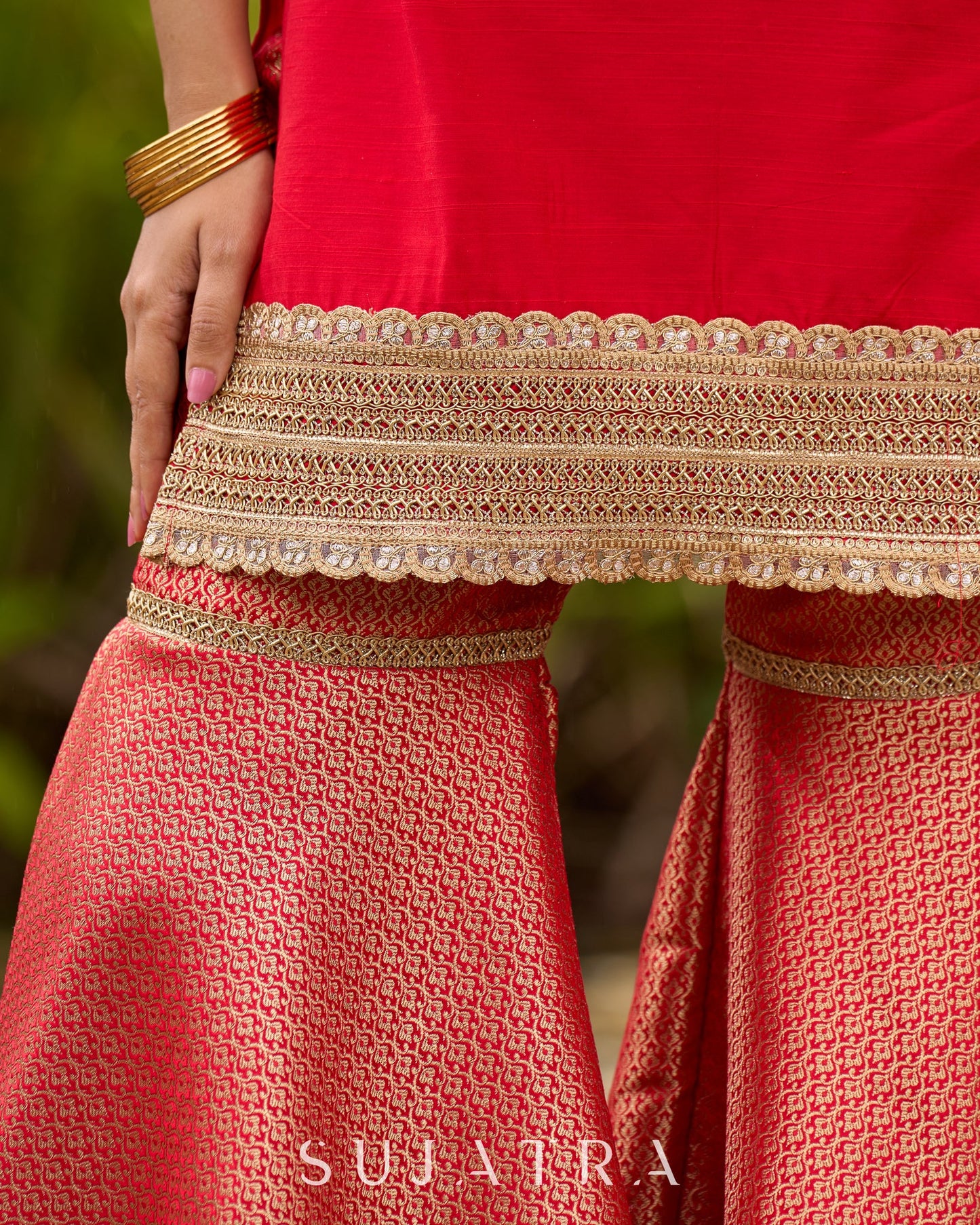 Chic Red Silk Embellished Kurta with Additional Brocade Gharara Bottom and Dupatta Additional
