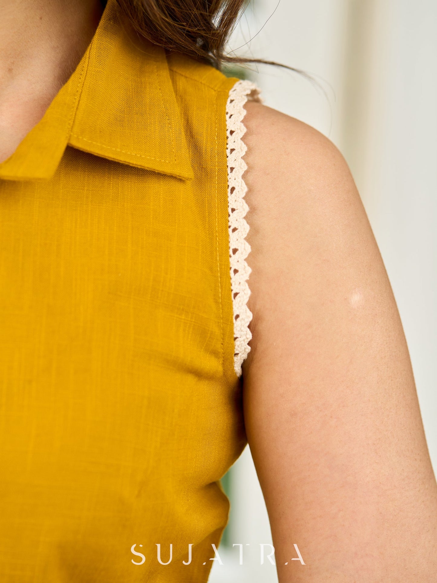 Stylish Mustard Cotton Sleeveless Shift Dress with Reversible Collar and Crochet Lace Accents