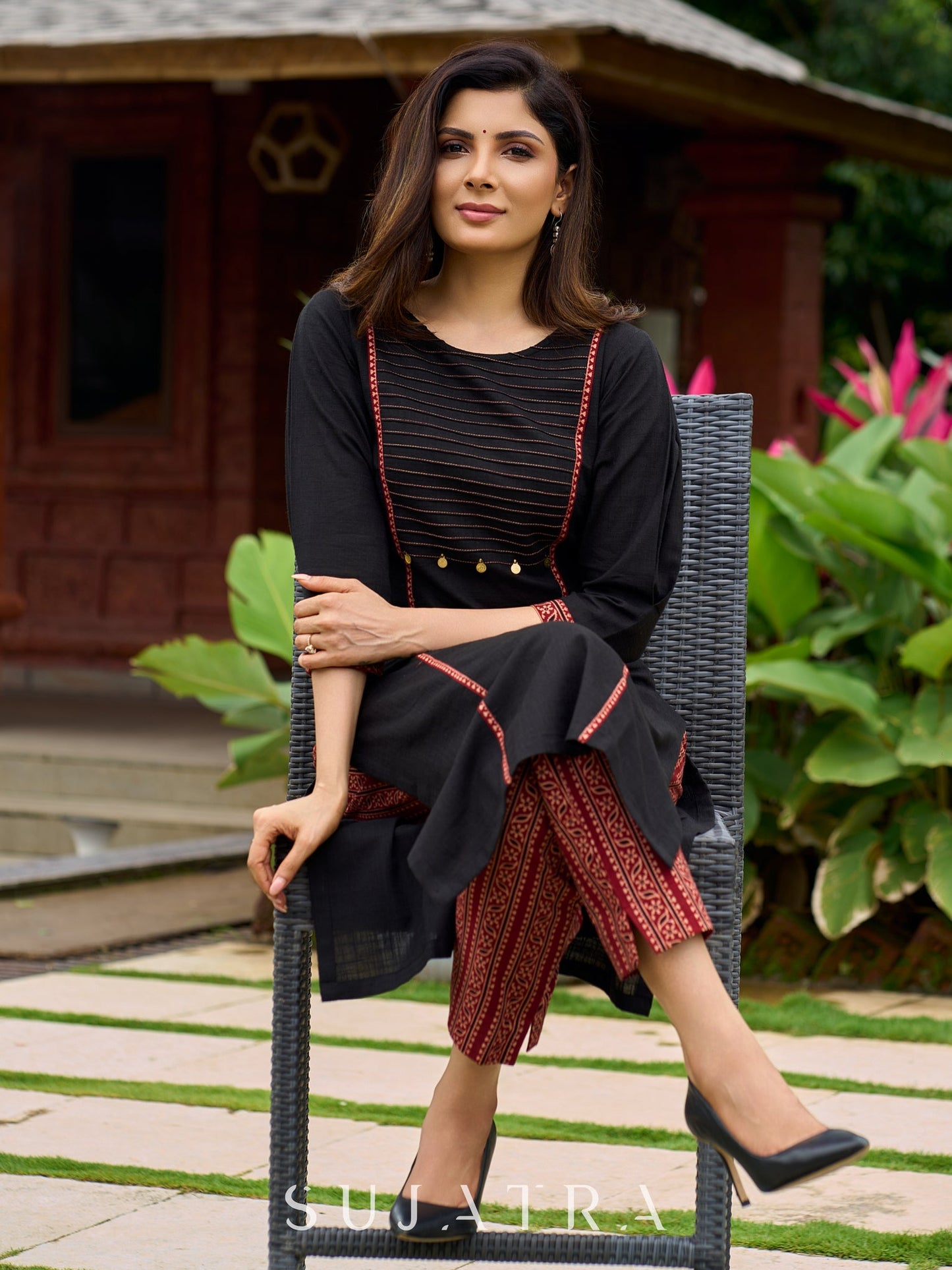 Elegant black cotton pintuck kurta adorned with Ajrak border - ajrak pant optional
