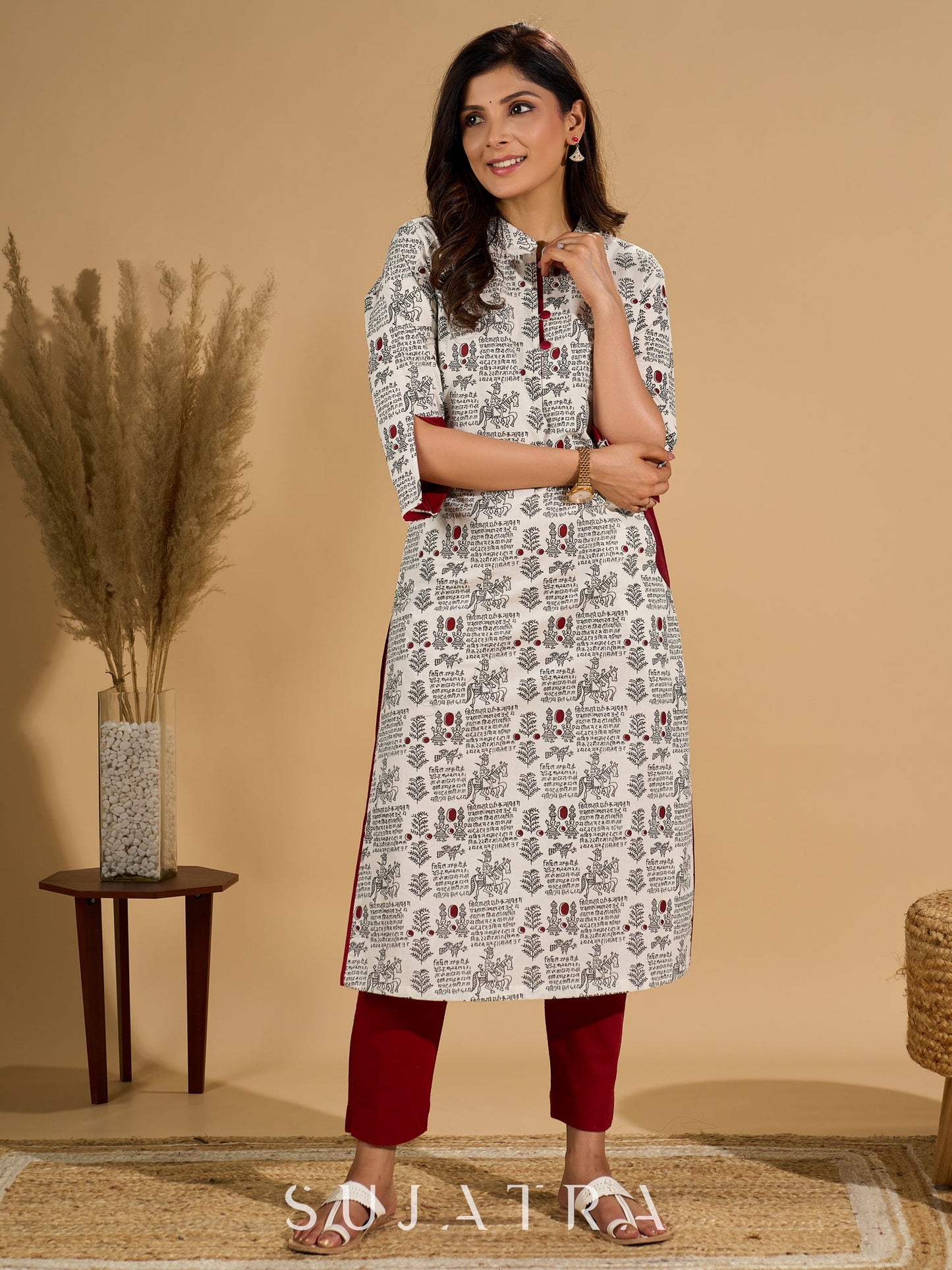 White Radiance Mul Cotton Kurta with Opulent Maroon Detailing