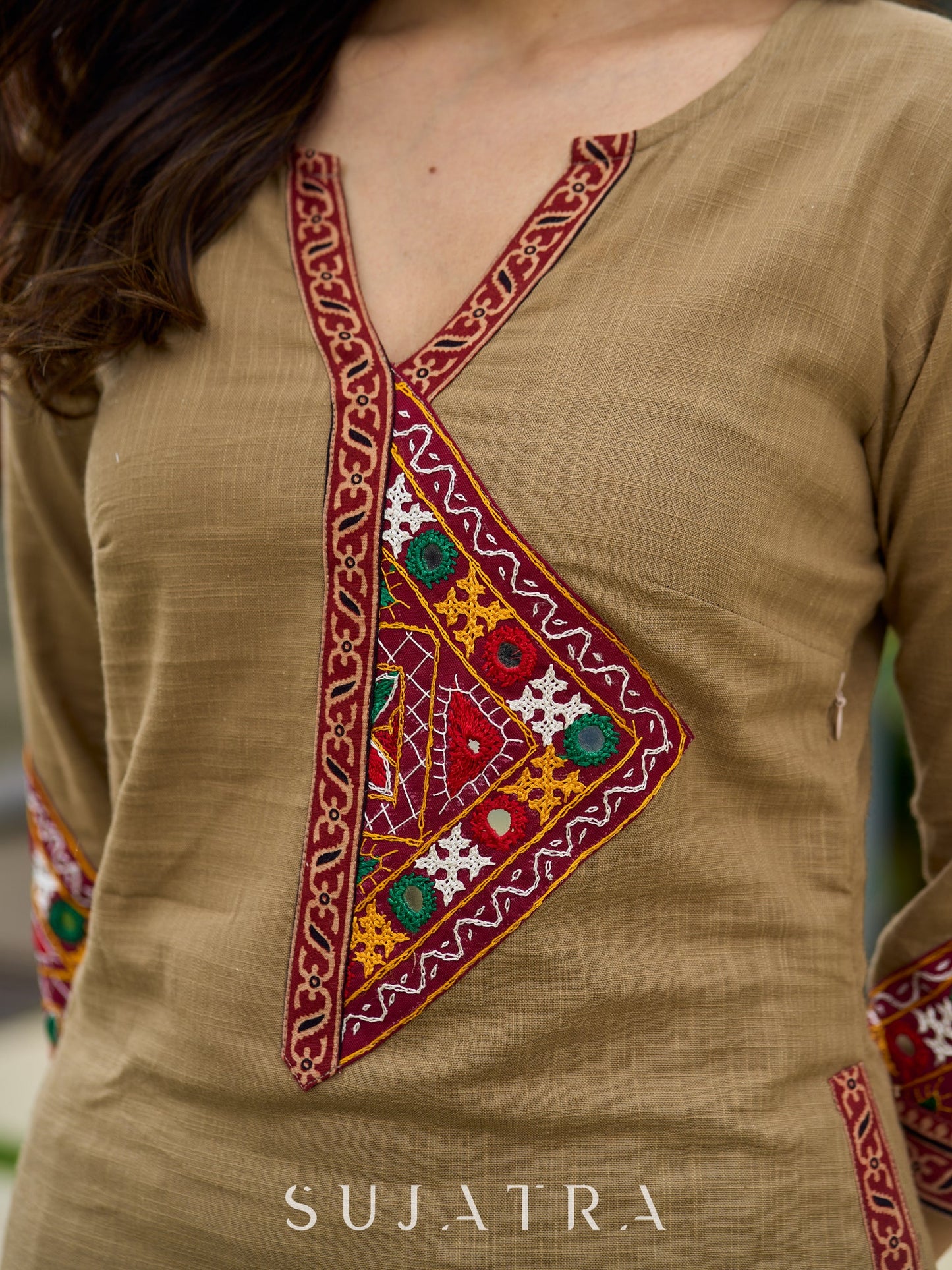 Beautiful dark beige cotton kurta beautifully designed with subtle mirror work-pant optional