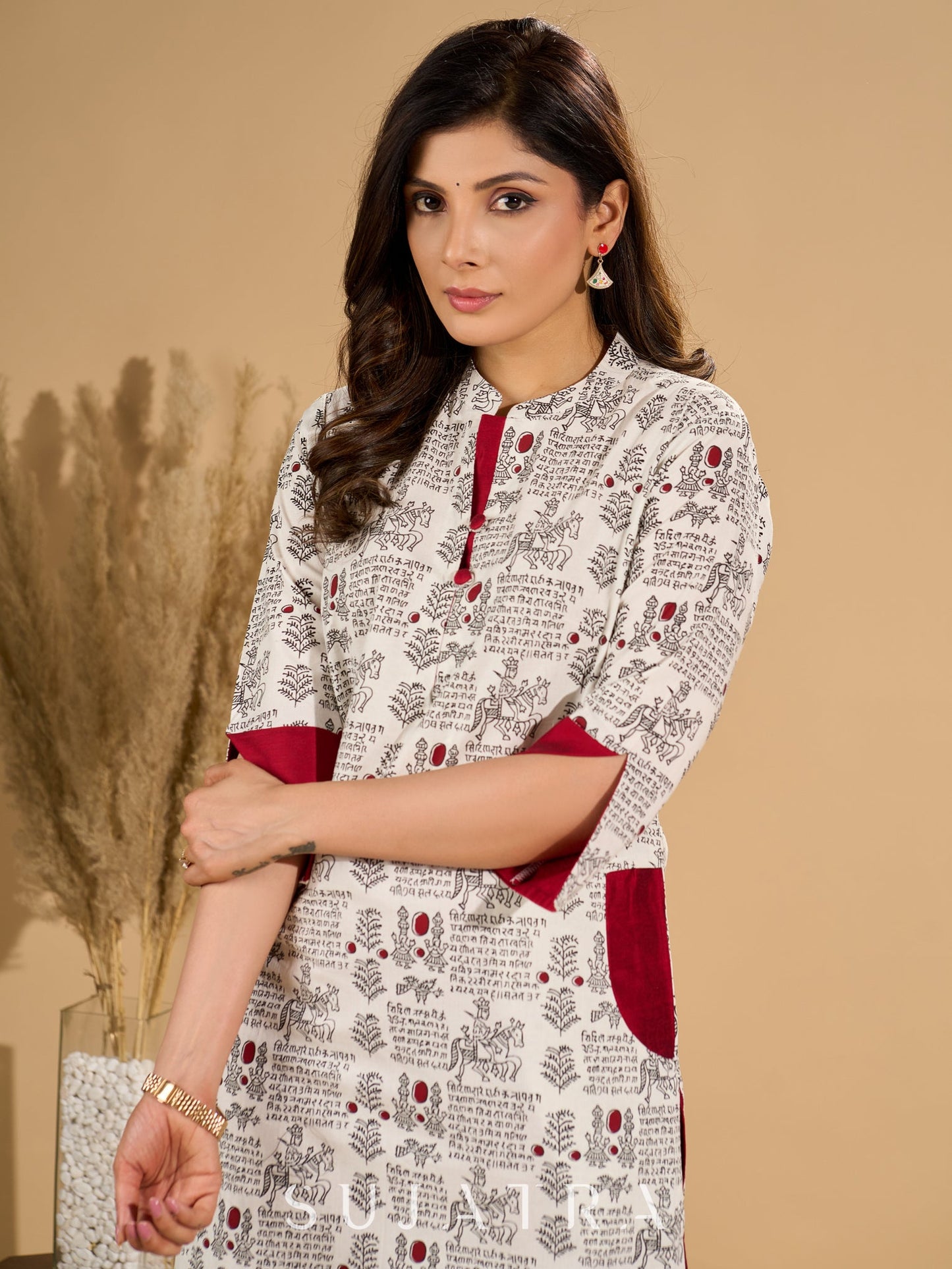 White Radiance Mul Cotton Kurta with Opulent Maroon Detailing
