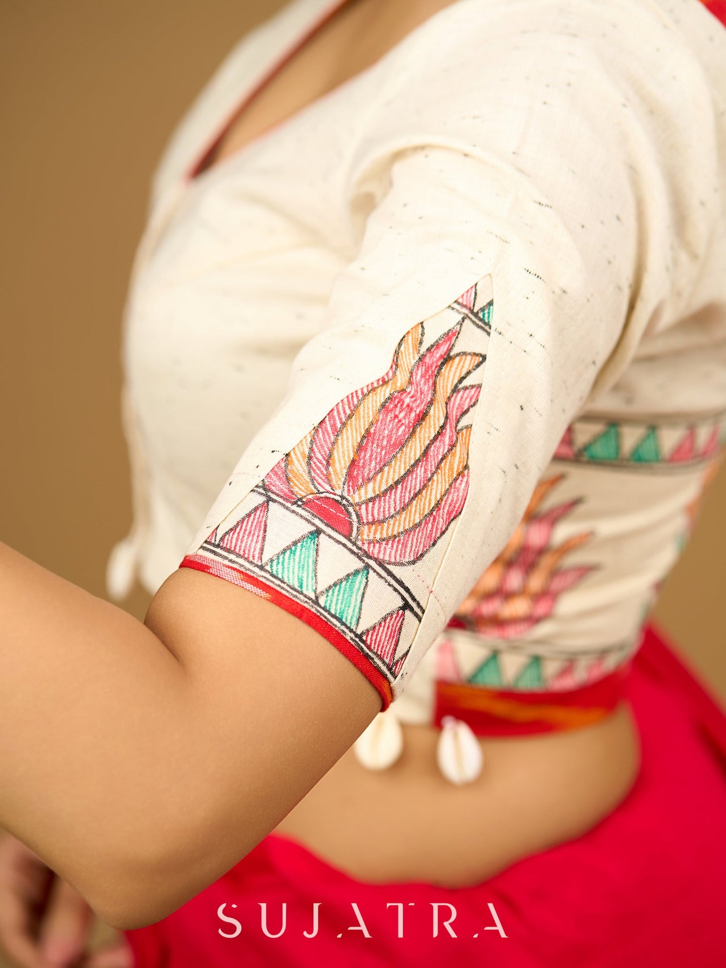 Exclusive hand painted madhubani off white blouse.