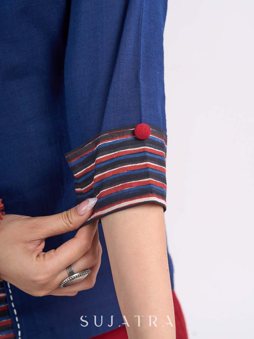 Blue Cotton Top with Keyhole Neck Opening and Statement Stripe Accents