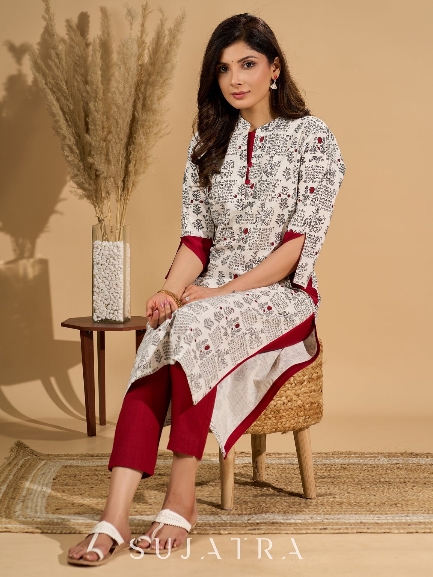 White Radiance Mul Cotton Kurta with Opulent Maroon Detailing