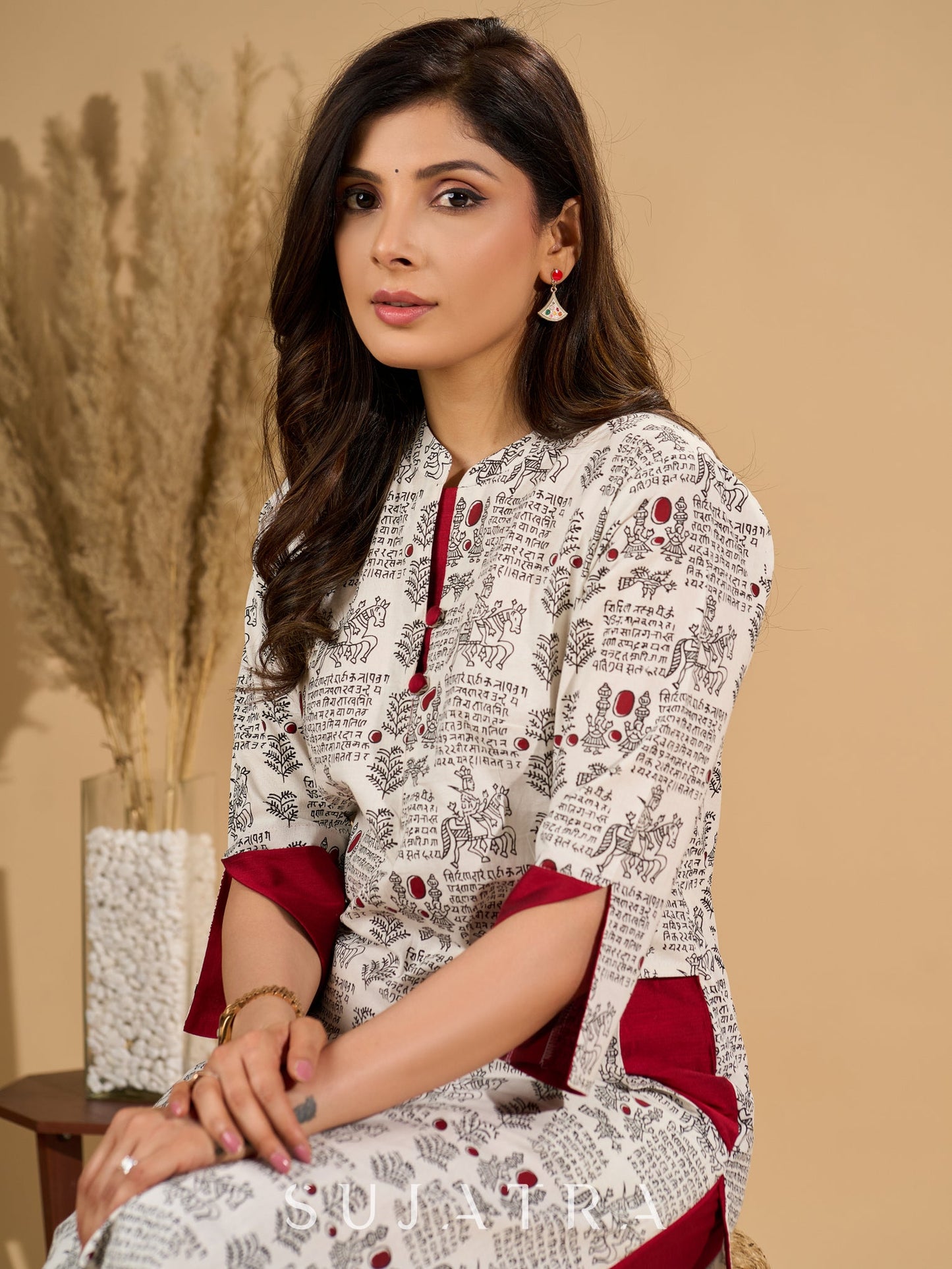 White Radiance Mul Cotton Kurta with Opulent Maroon Detailing
