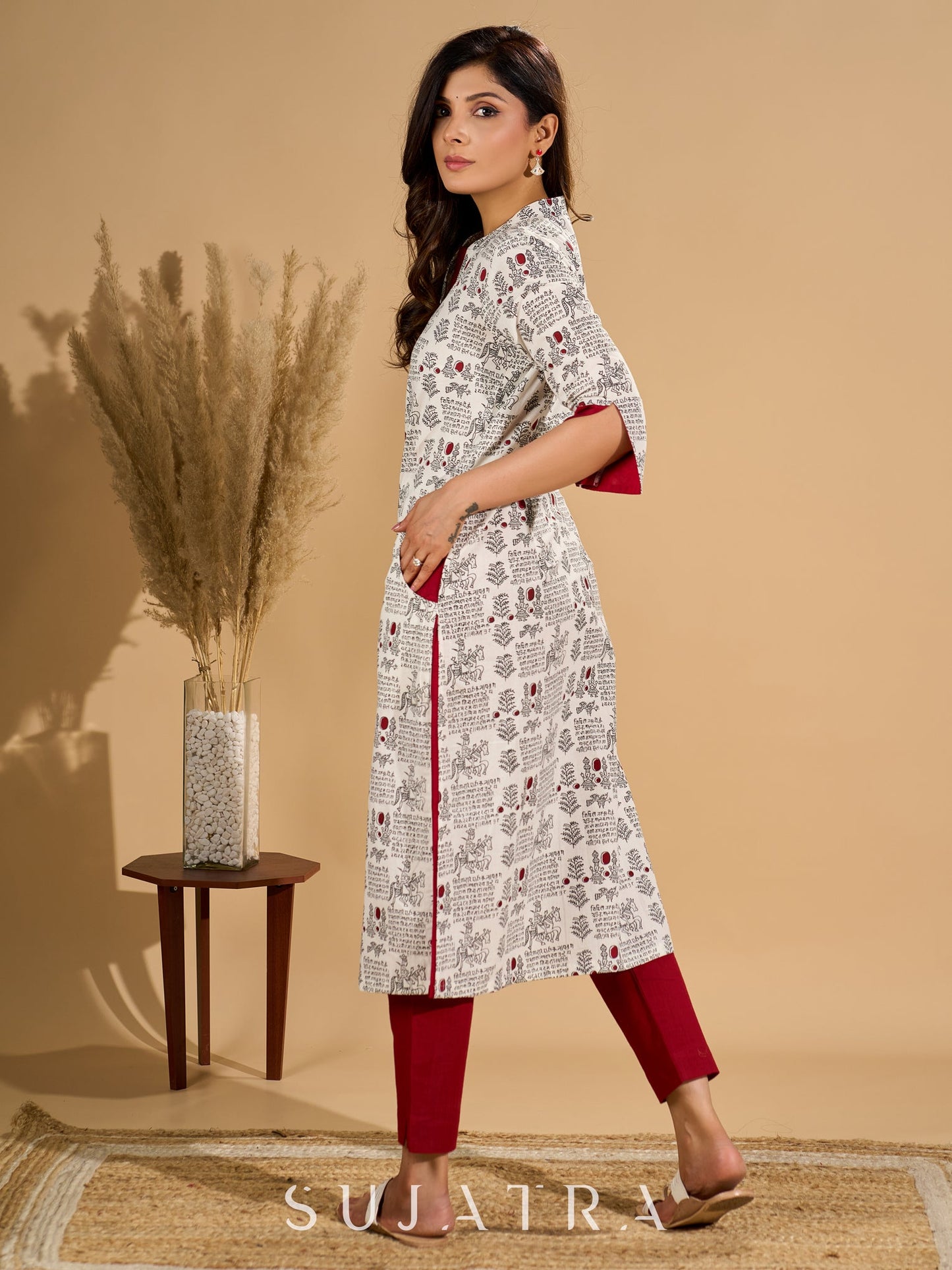 White Radiance Mul Cotton Kurta with Opulent Maroon Detailing