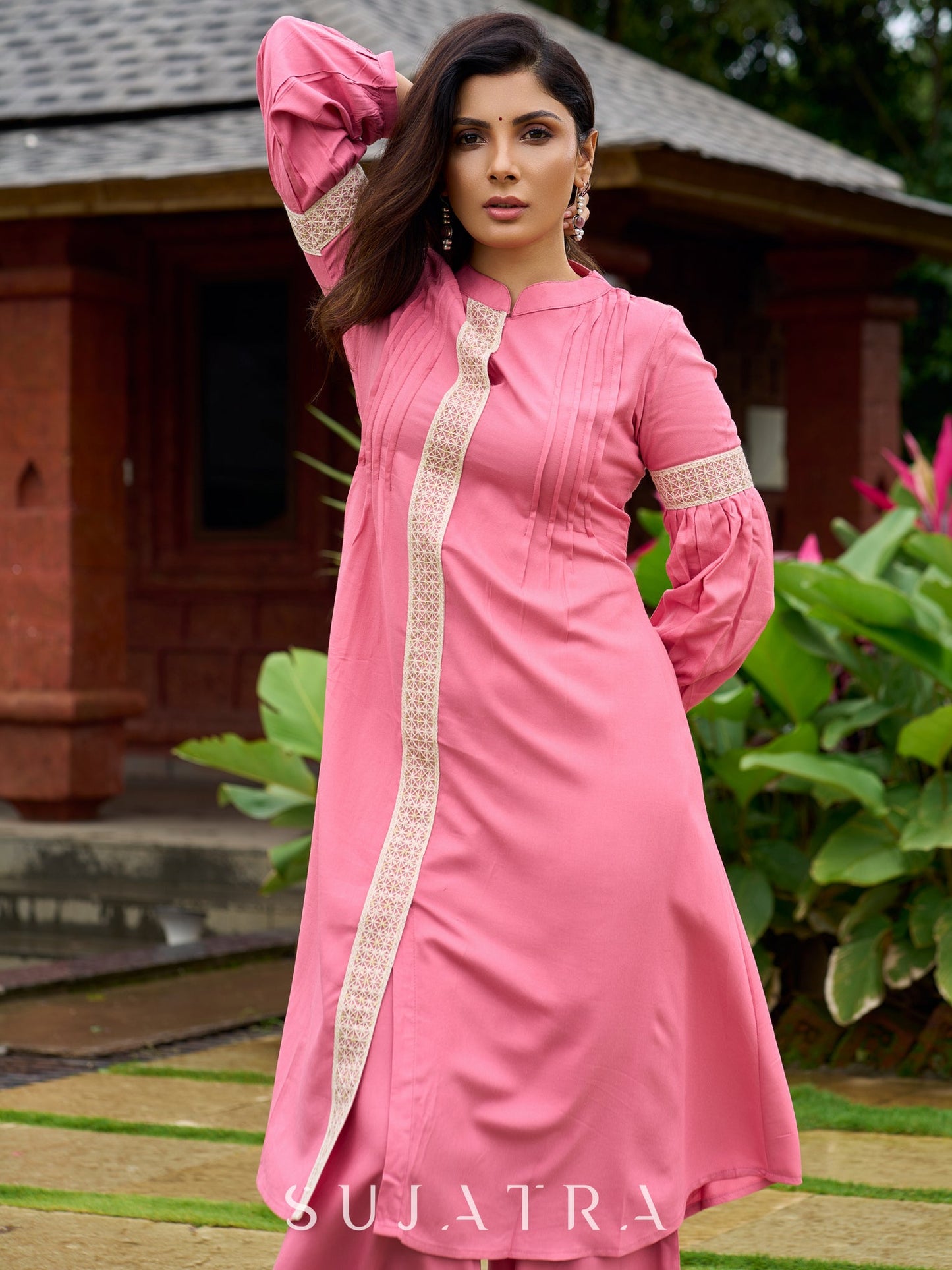 Elegant Baby pink rayon kurta delicately highlighted with lace detailing-pant optional