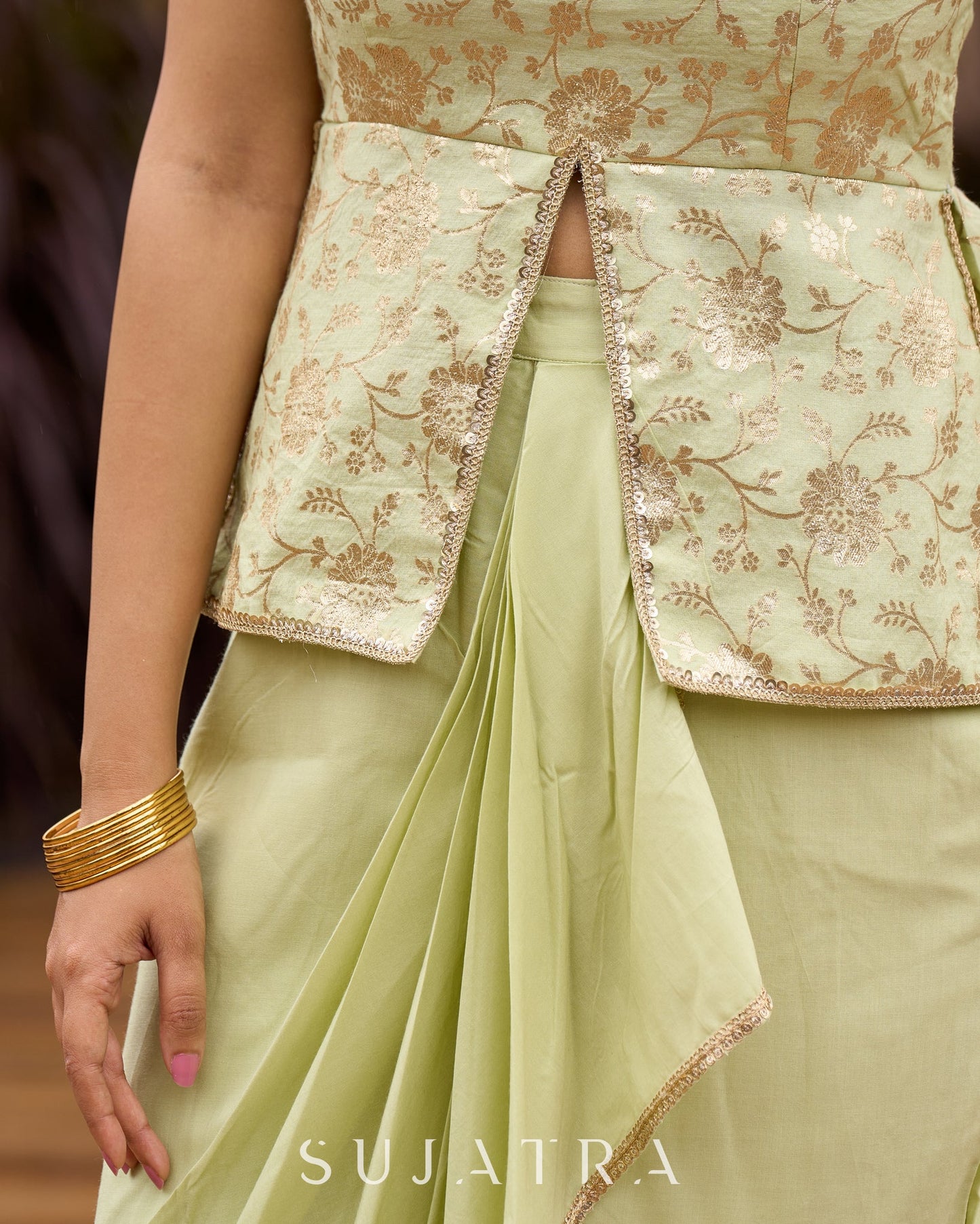 Pastel Green Festive Drape Skirt with Brocade Top