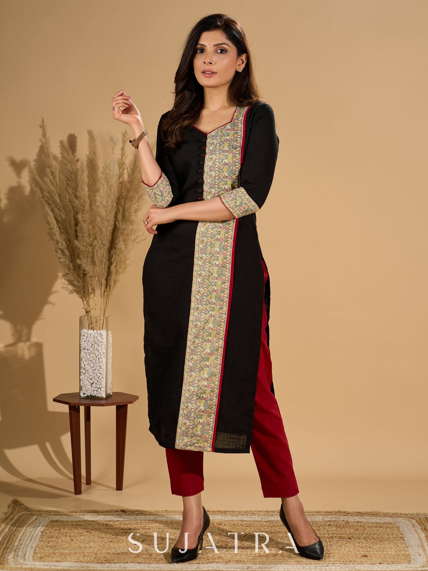 Ebon Elegance Kurta with Maroon Lining and Madhubani Charm
