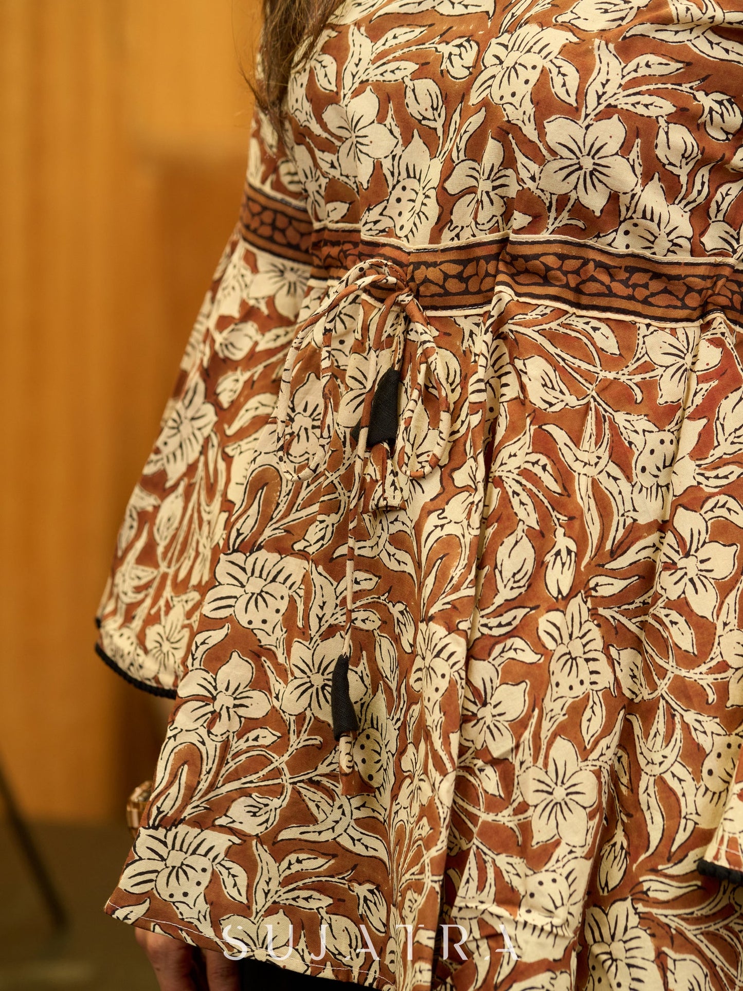 Earthy Floral Printed Mul Cotton Top with Flared Ruffle Sleeves and Tie-Up Waist