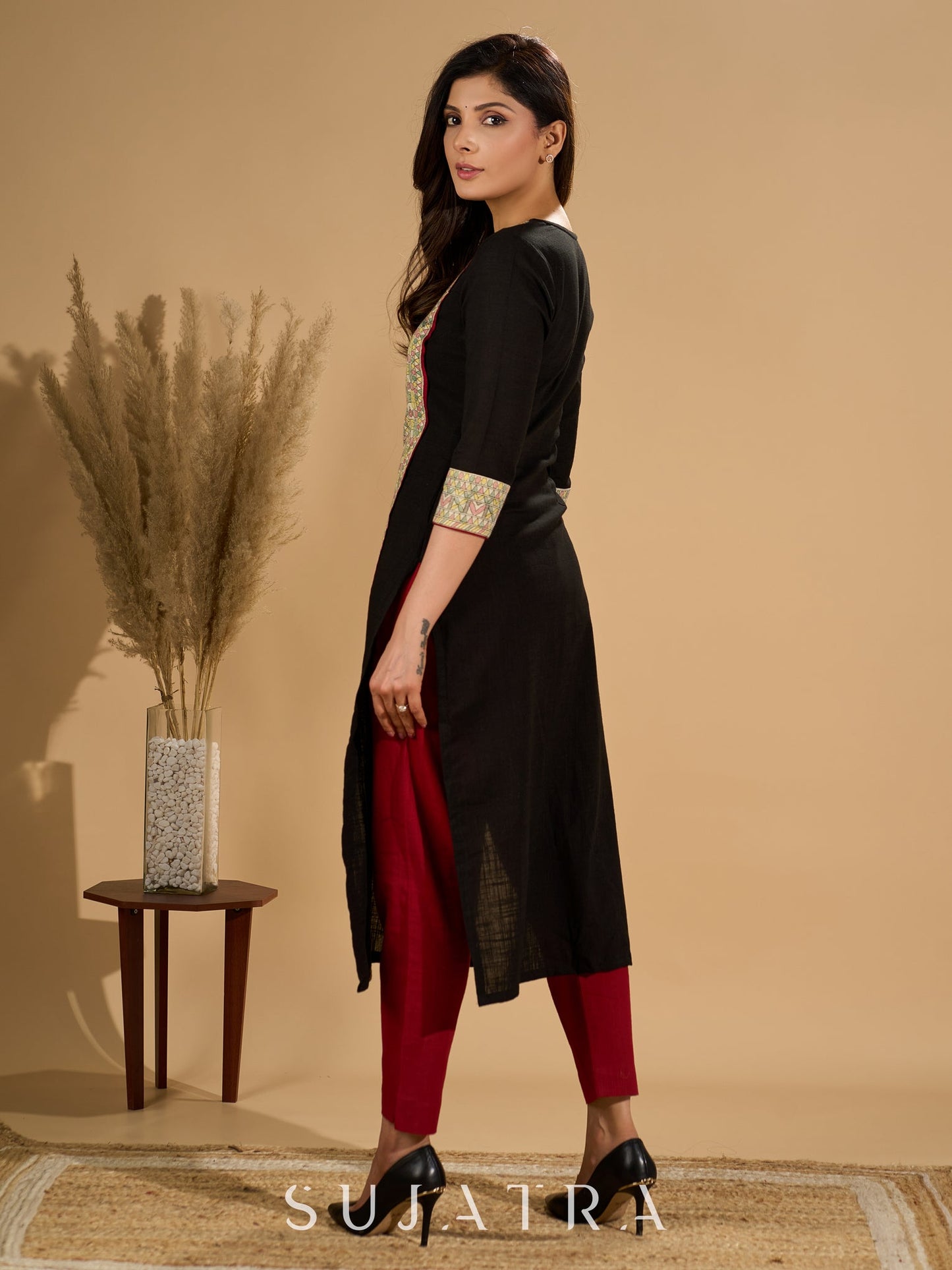 Ebon Elegance Kurta with Maroon Lining and Madhubani Charm