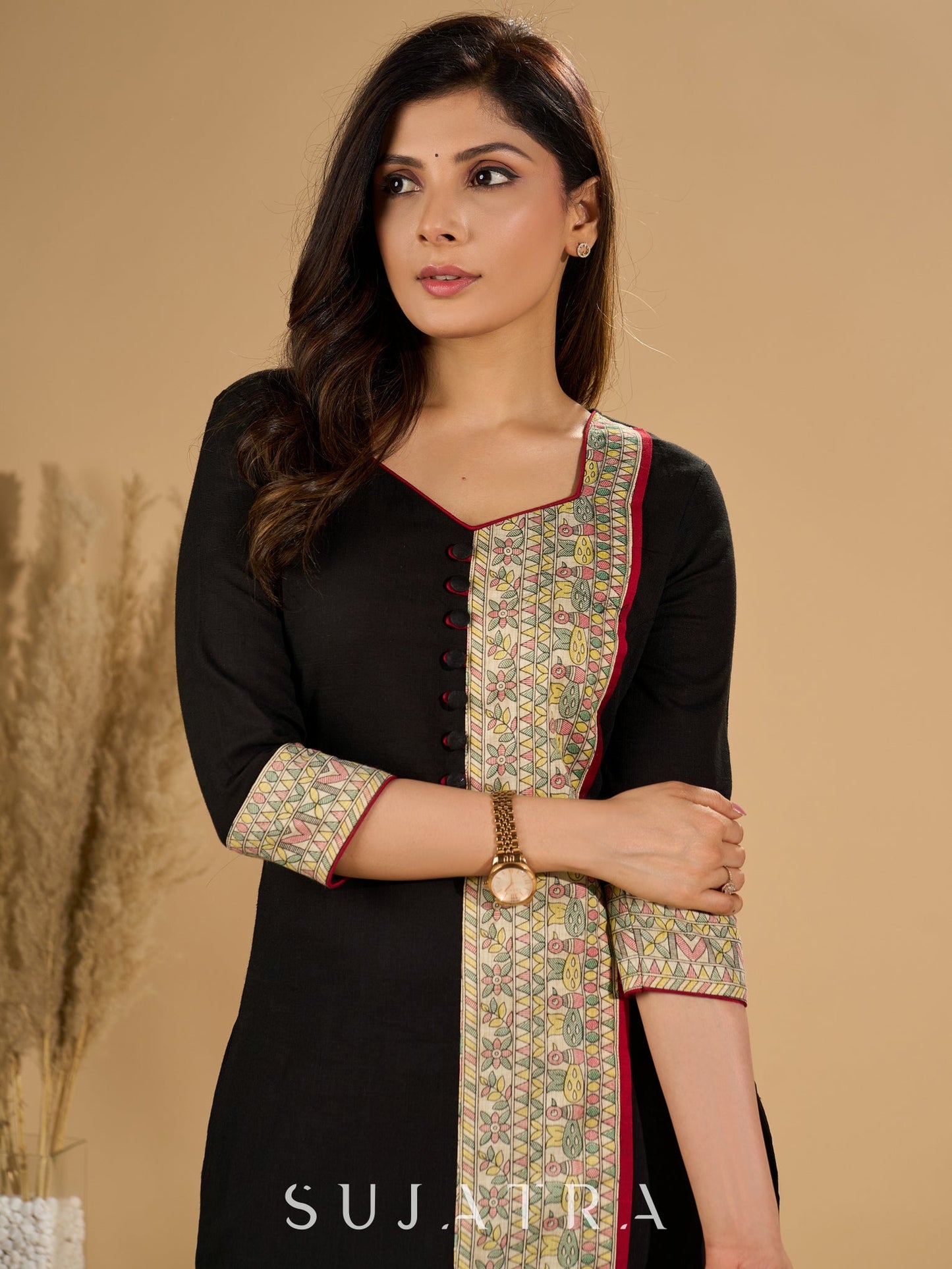 Ebon Elegance Kurta with Maroon Lining and Madhubani Charm