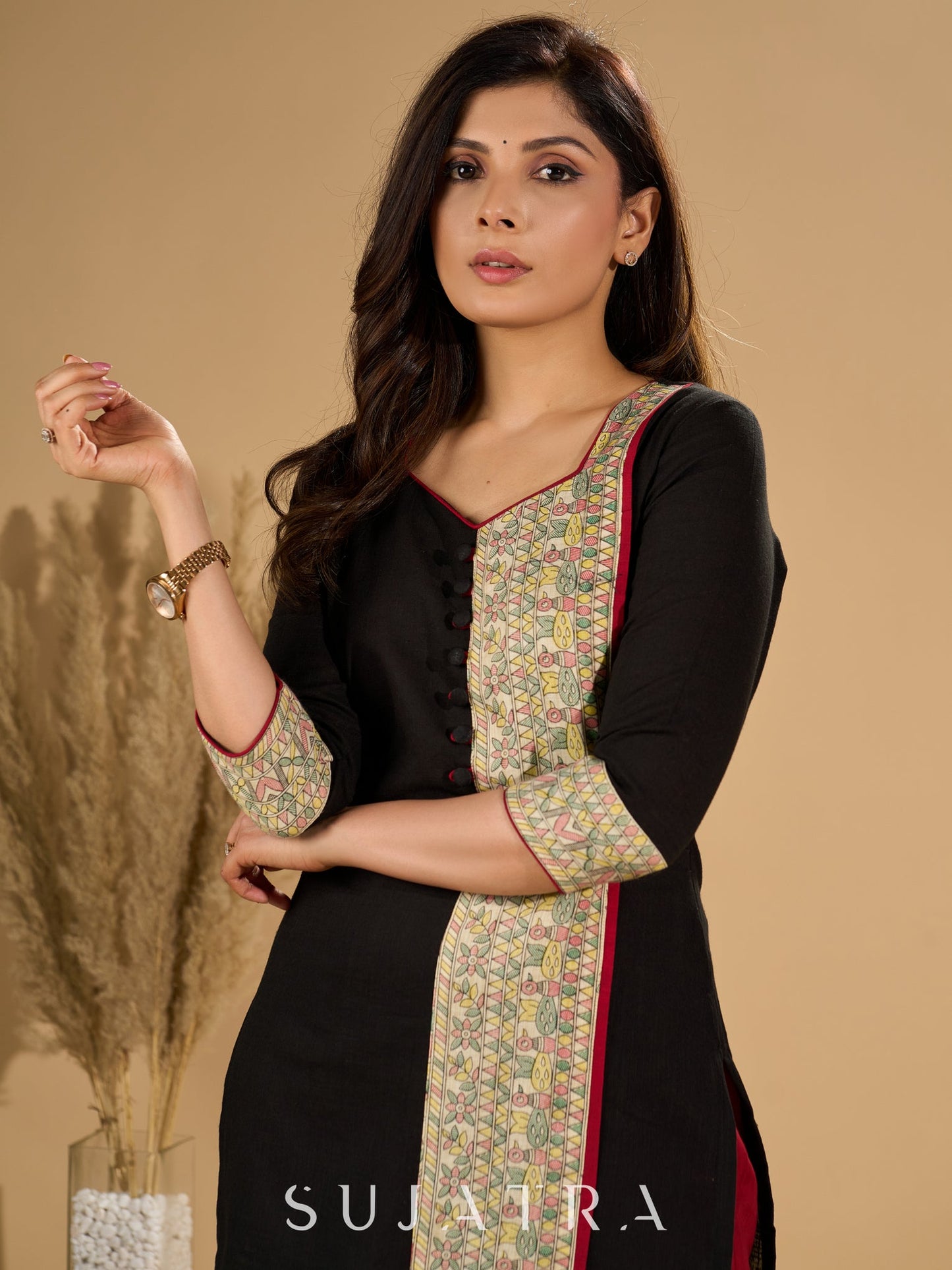 Ebon Elegance Kurta with Maroon Lining and Madhubani Charm