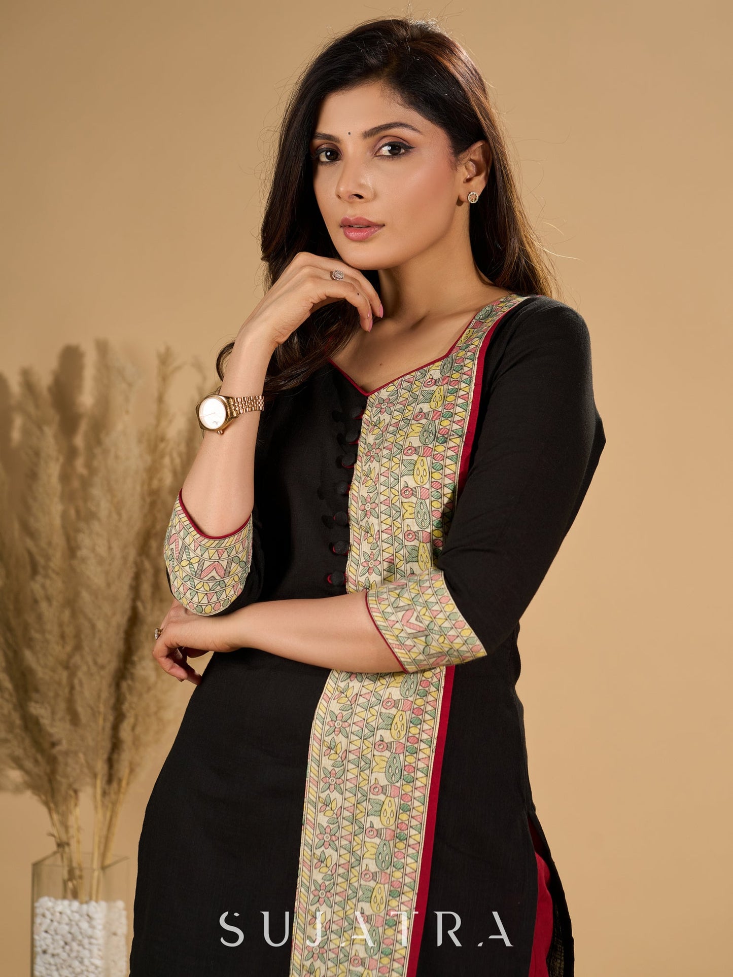 Ebon Elegance Kurta with Maroon Lining and Madhubani Charm
