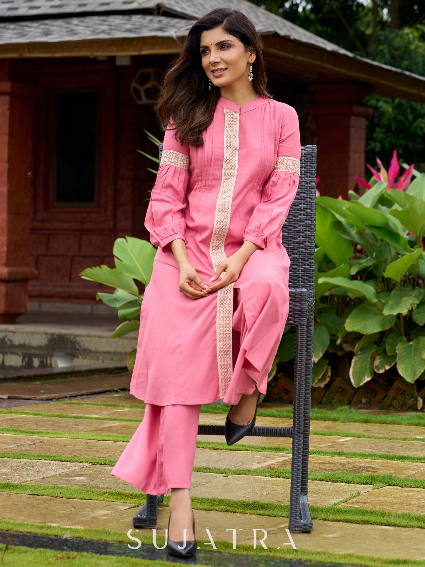 Elegant Baby pink rayon kurta delicately highlighted with lace detailing-pant optional