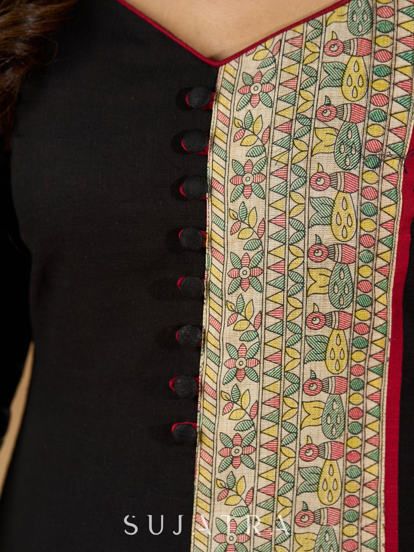 Ebon Elegance Kurta with Maroon Lining and Madhubani Charm
