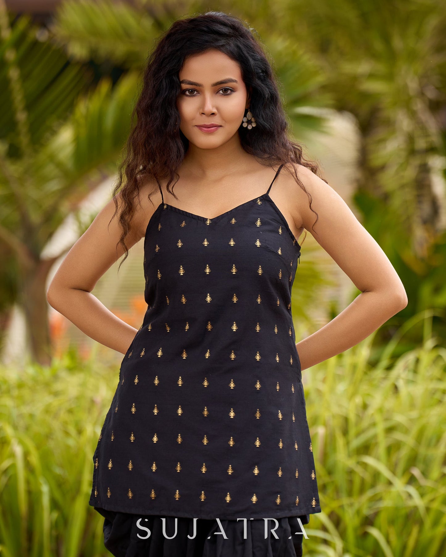 Graceful Black Silk Strappy Short Kurta Ensemble with Golden Butta - Dhoti pant Additional