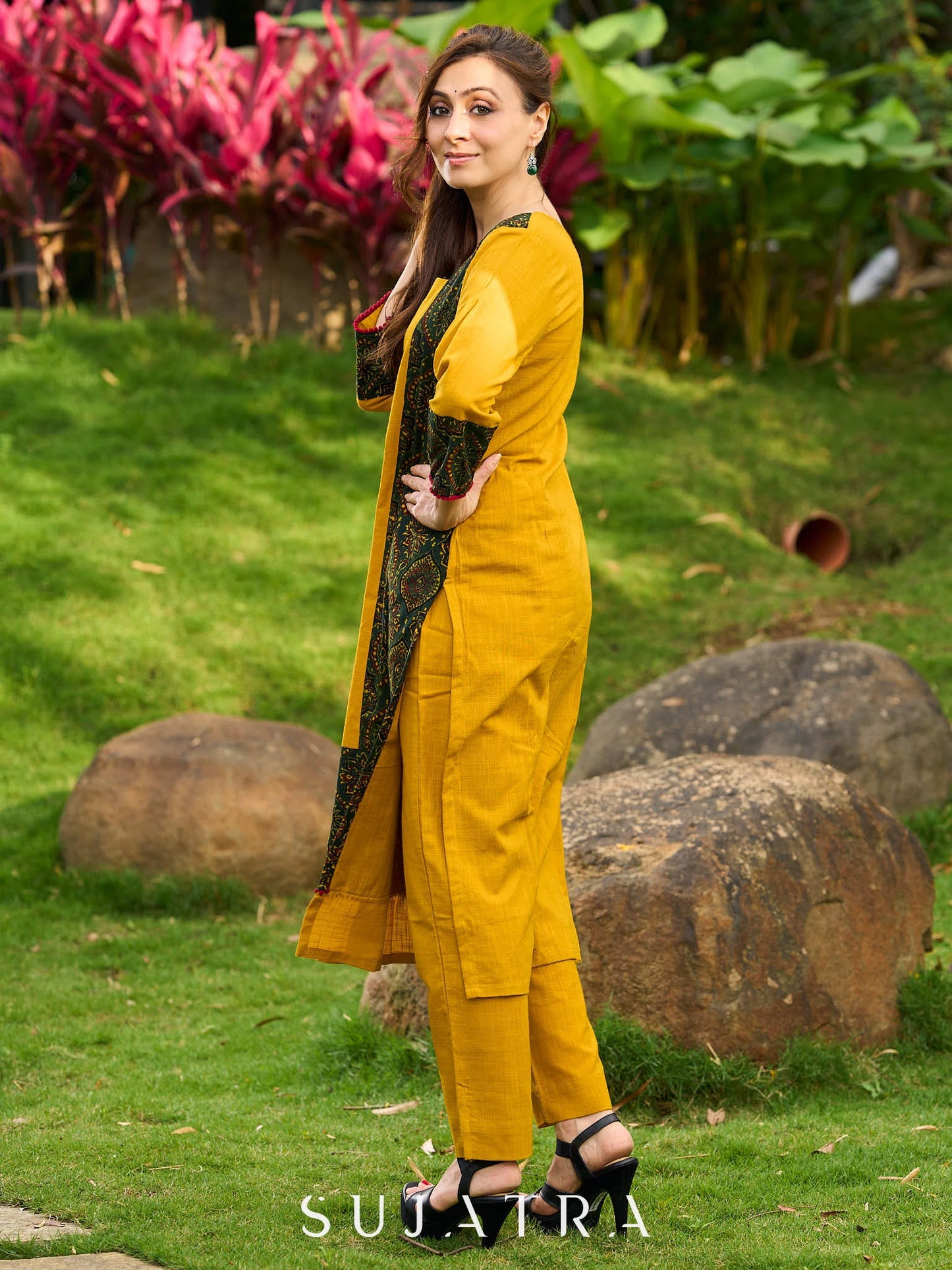 Elegant Mustard Cotton Kurta with Contrast Green Mughal Printed Border Panels