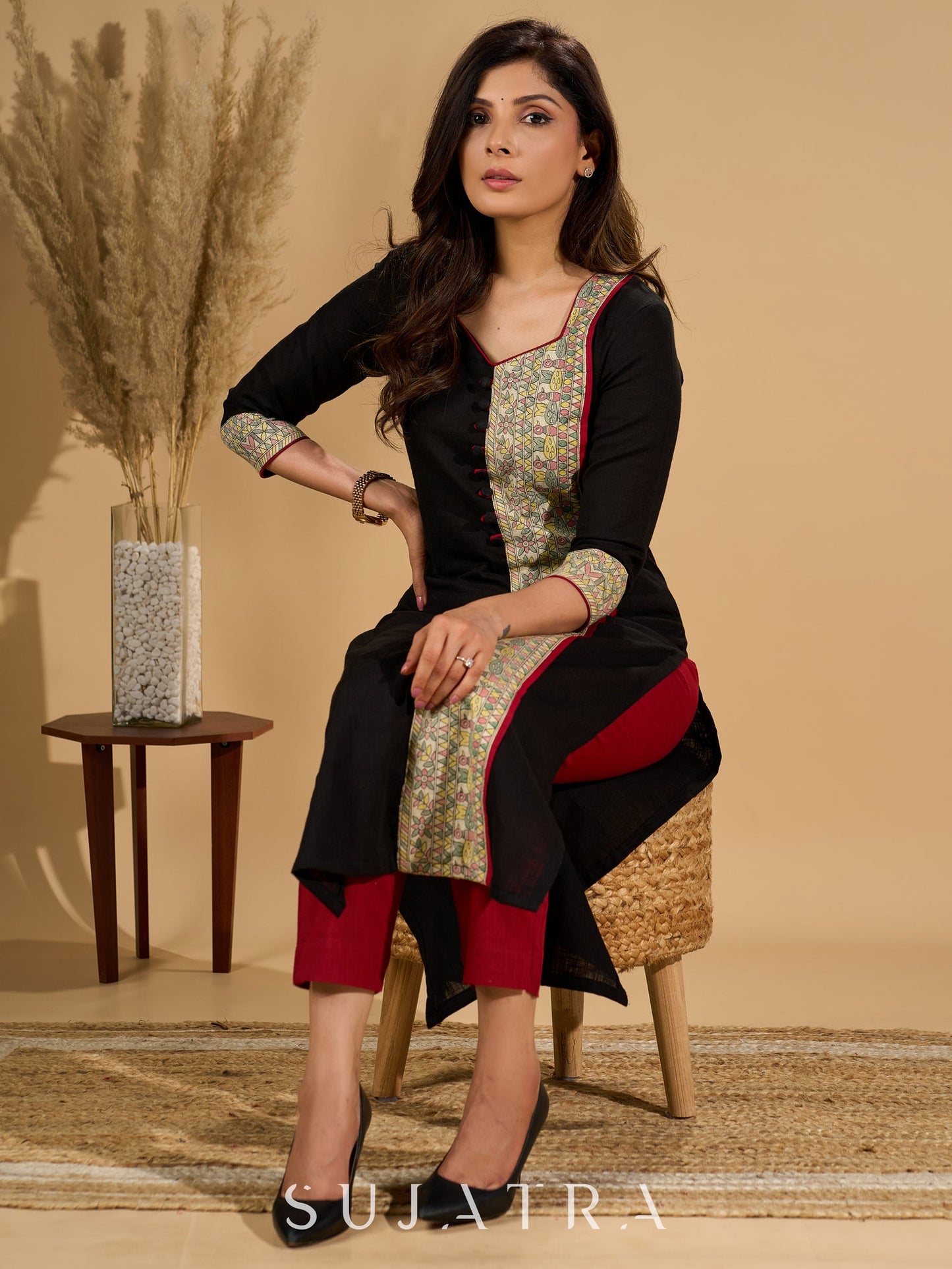 Ebon Elegance Kurta with Maroon Lining and Madhubani Charm