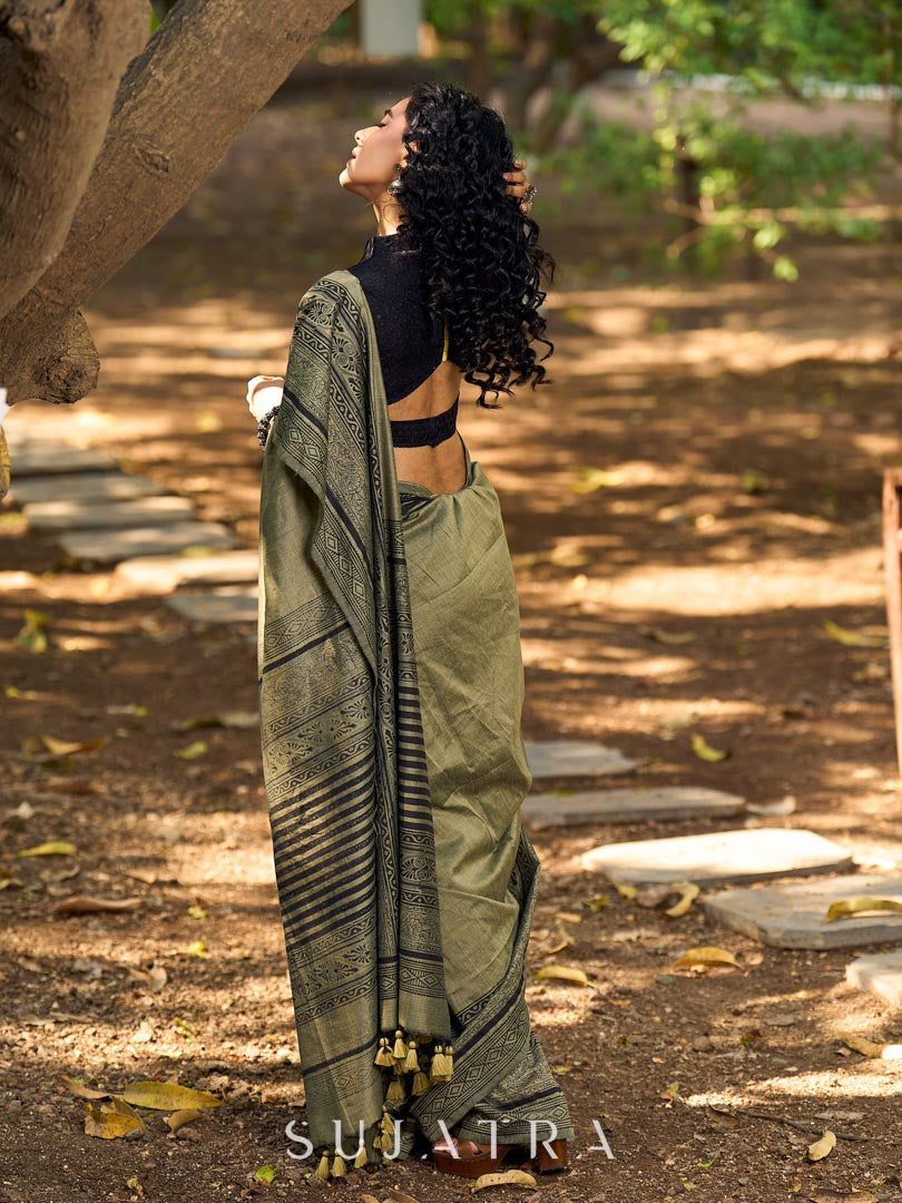 Natural Sage Green Cotton Saree with Traditional Black Hand Block Printed Border