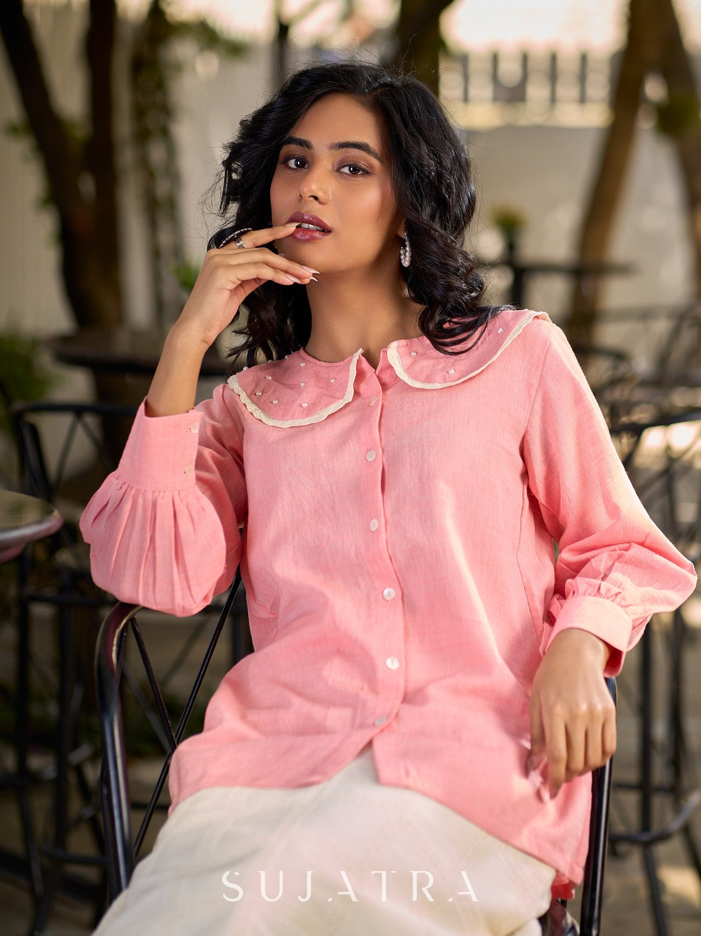 Baby Pink Shirt Featuring An Embellished Collar Detail