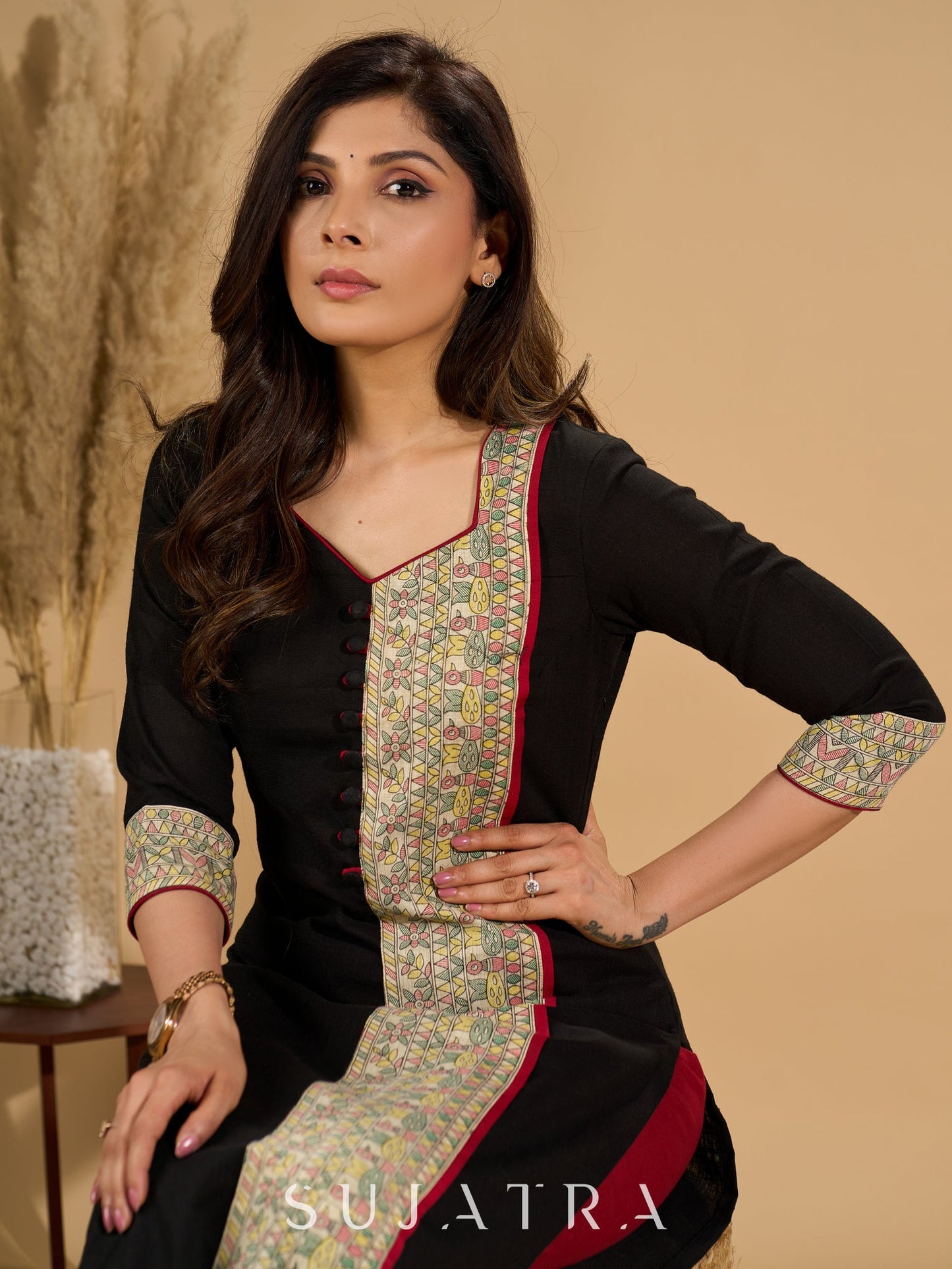 Ebon Elegance Kurta with Maroon Lining and Madhubani Charm