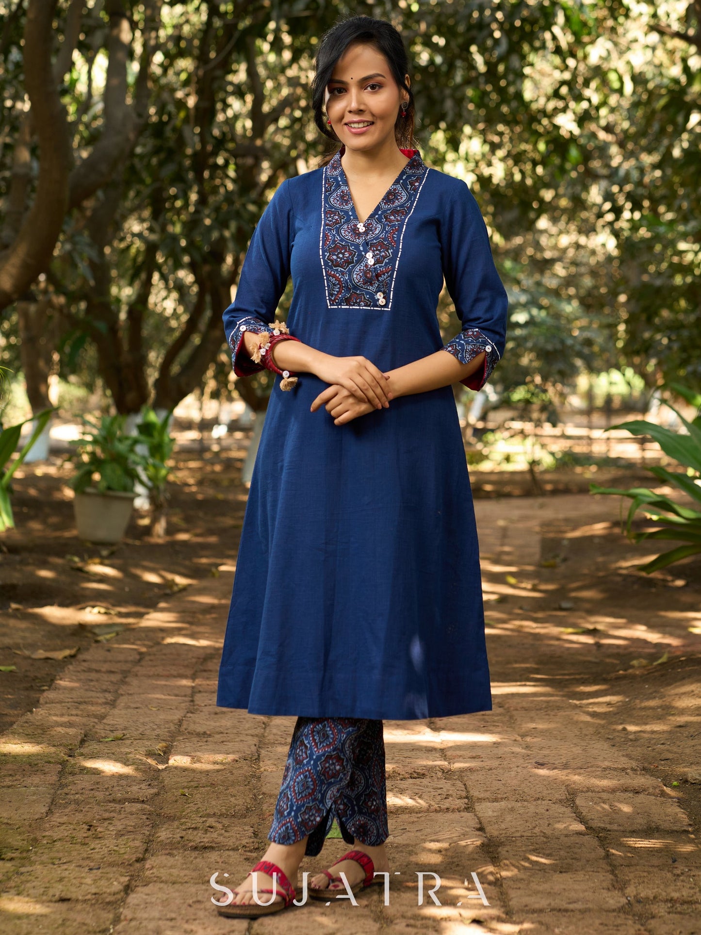 Indigo Poise Kurta with Ajrakh Accents, Contrast Interfacing and Kantha Detailing