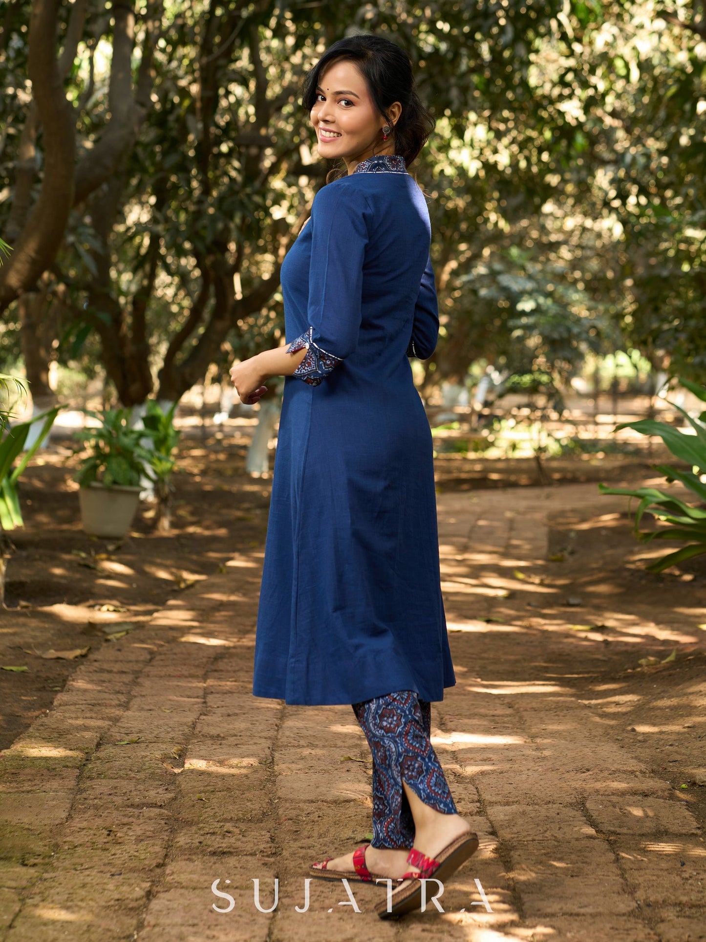 Indigo Poise Kurta with Ajrakh Accents, Contrast Interfacing and Kantha Detailing