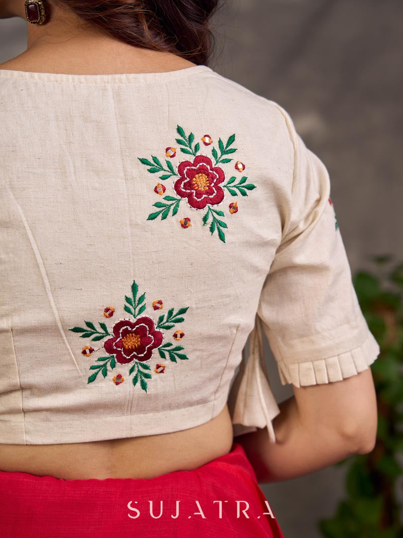 Ivory Cotton Blouse with Embroidered Floral Motif