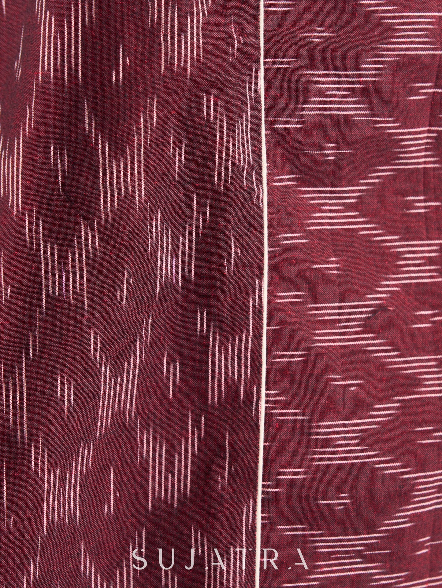Sophisticated Maroon Ikat Cotton Kurta with Contrasting White Piping Accents
