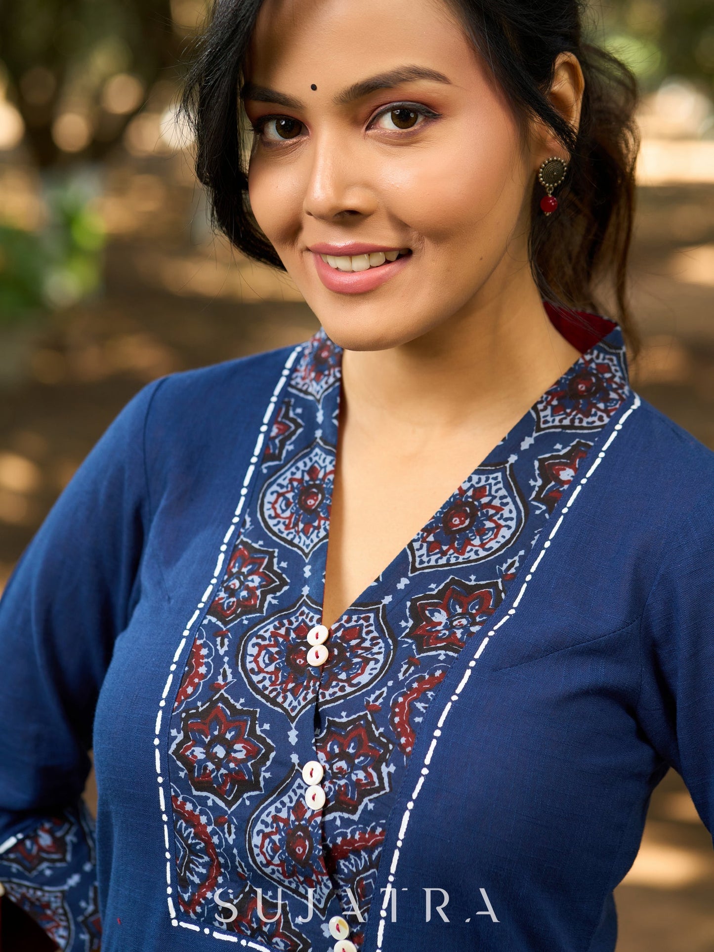 Indigo Poise Kurta with Ajrakh Accents, Contrast Interfacing and Kantha Detailing