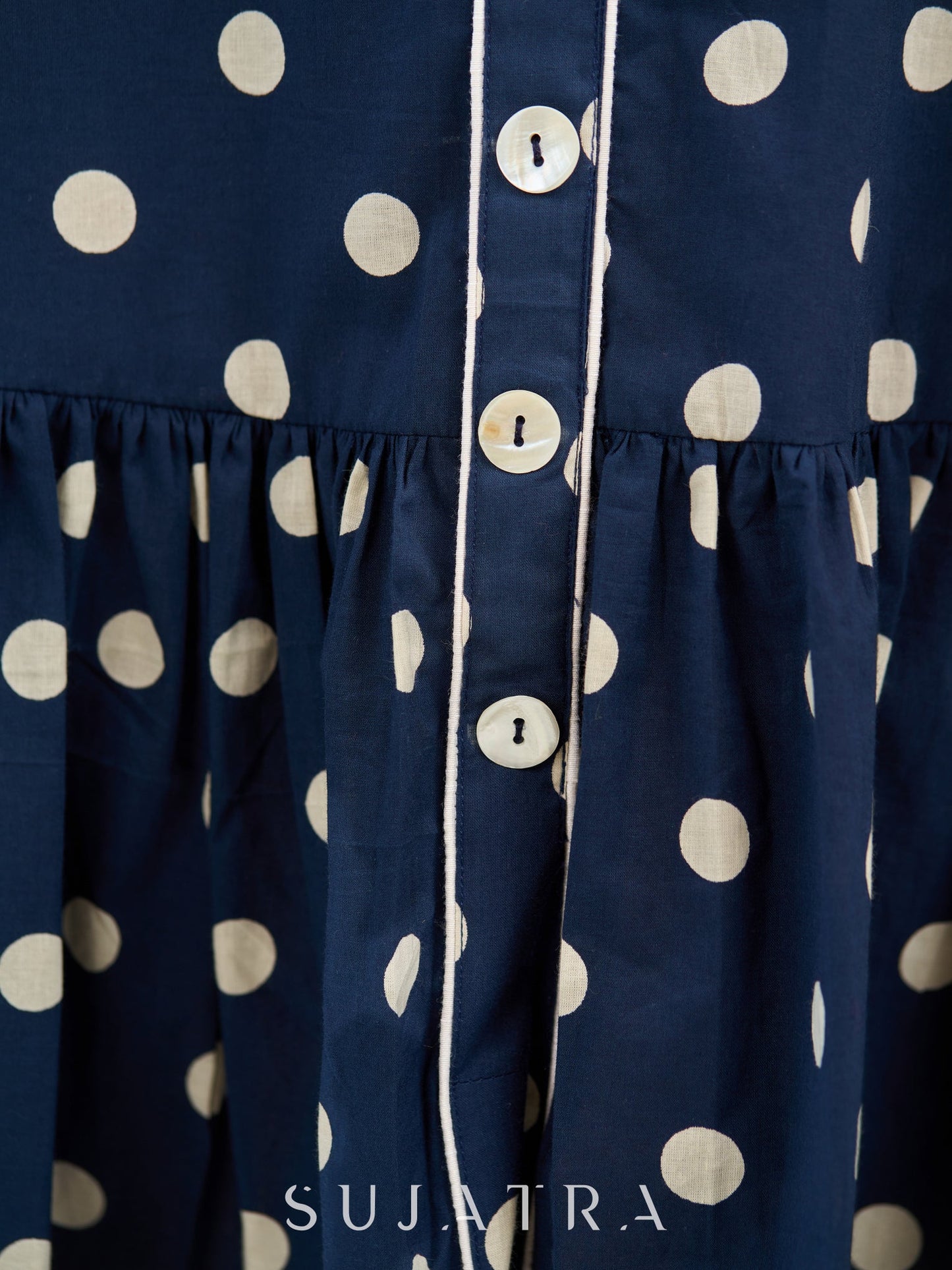 Playful Blue Polka-Dot Shirt Dress with Gathered Silhouette and Statement Shell Button Accents