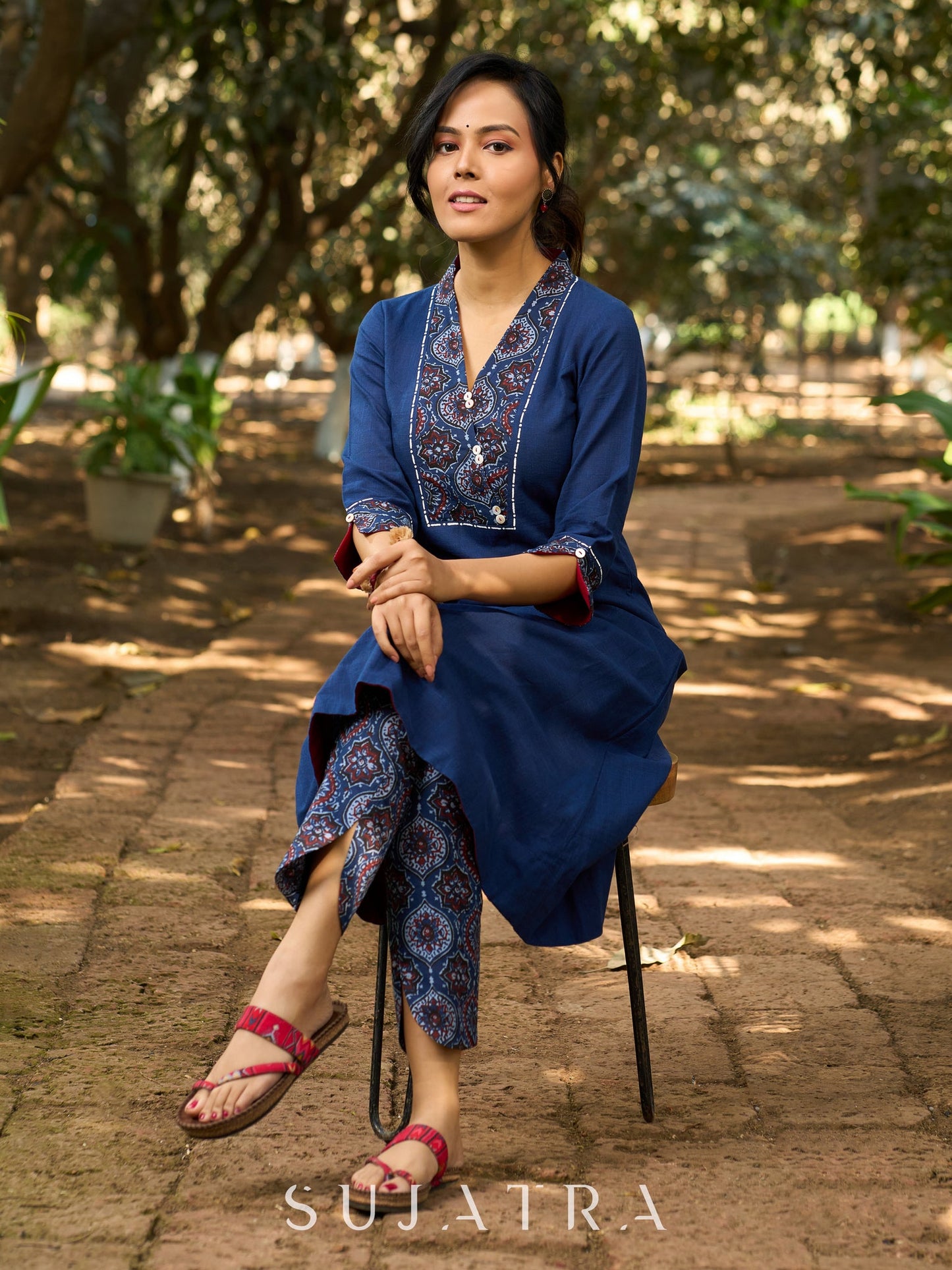 Indigo Poise Kurta with Ajrakh Accents, Contrast Interfacing and Kantha Detailing