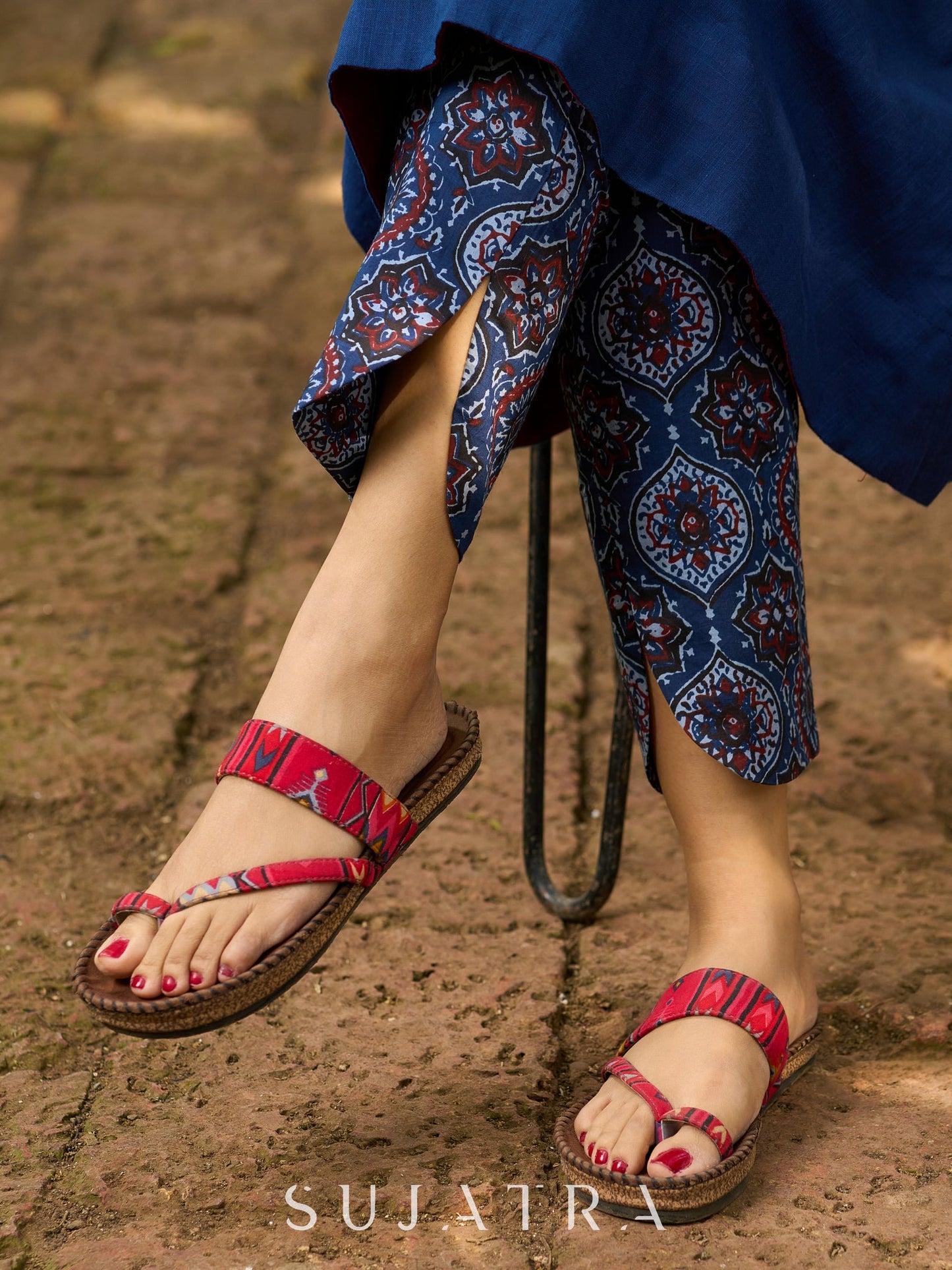 Indigo Poise Kurta with Ajrakh Accents, Contrast Interfacing and Kantha Detailing