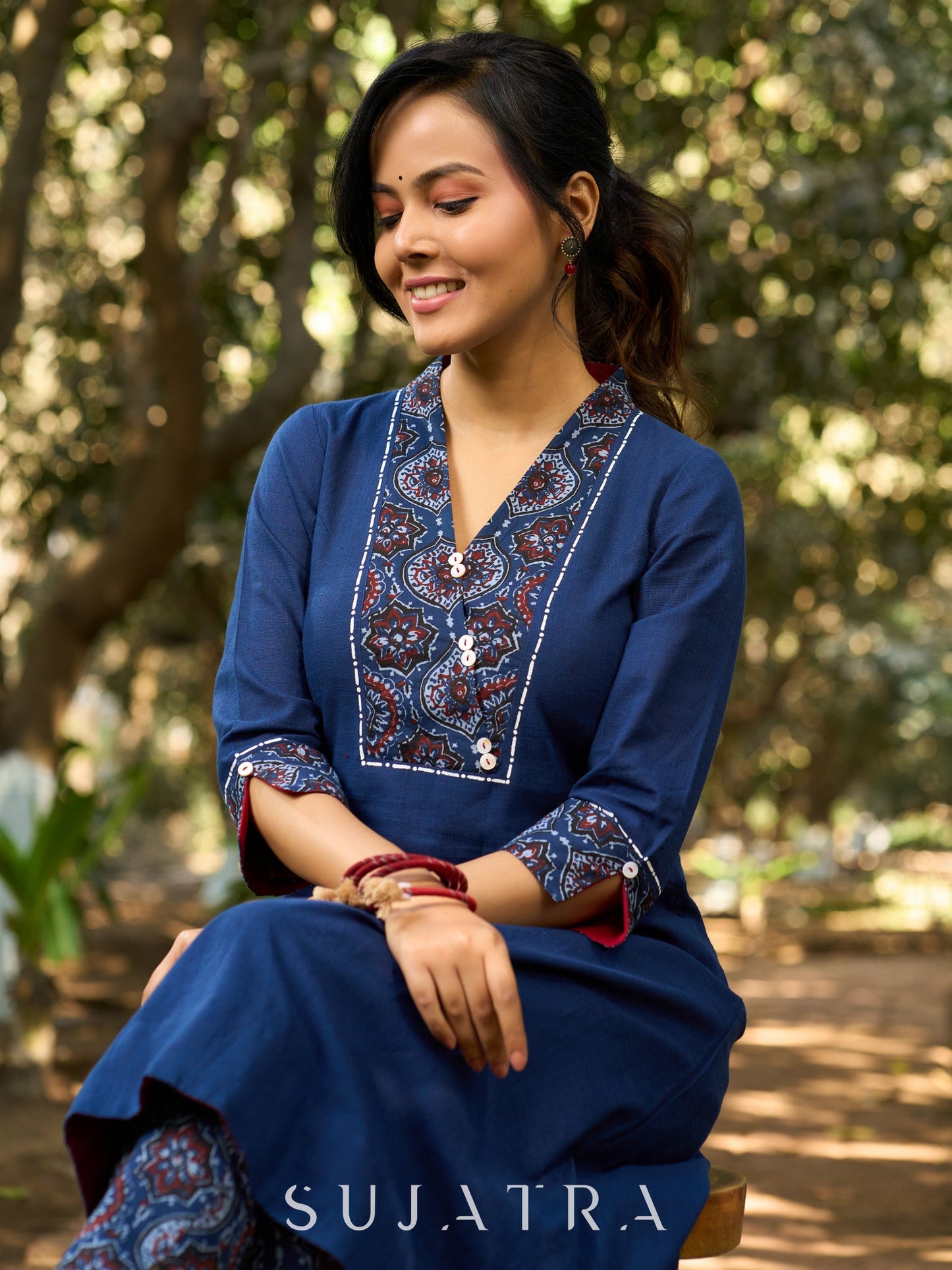 Indigo Poise Kurta with Ajrakh Accents, Contrast Interfacing and Kantha Detailing