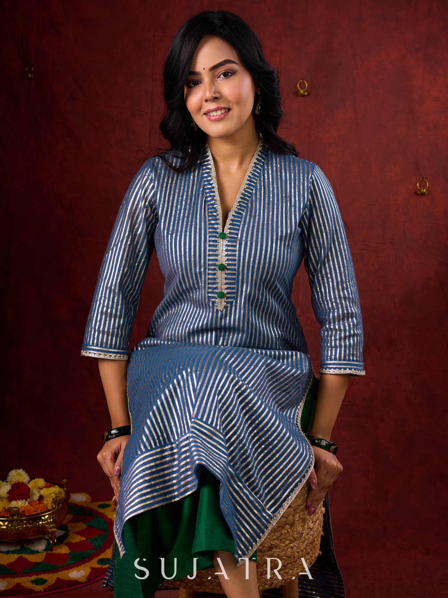 Midnight Blue Brocade Kurta with Subtle Stripes & Minimal Embellishments