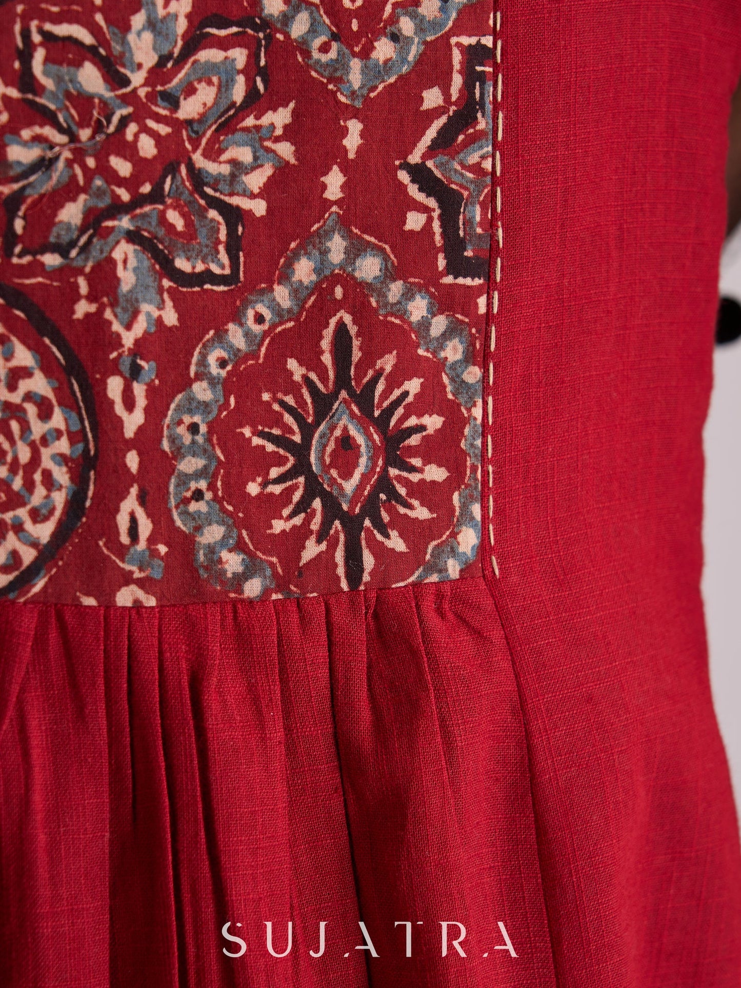 Graceful Gathered Maroon Cotton Kurta with Ajrakh Yoke, Sleeves & Intricate Kantha Handwork