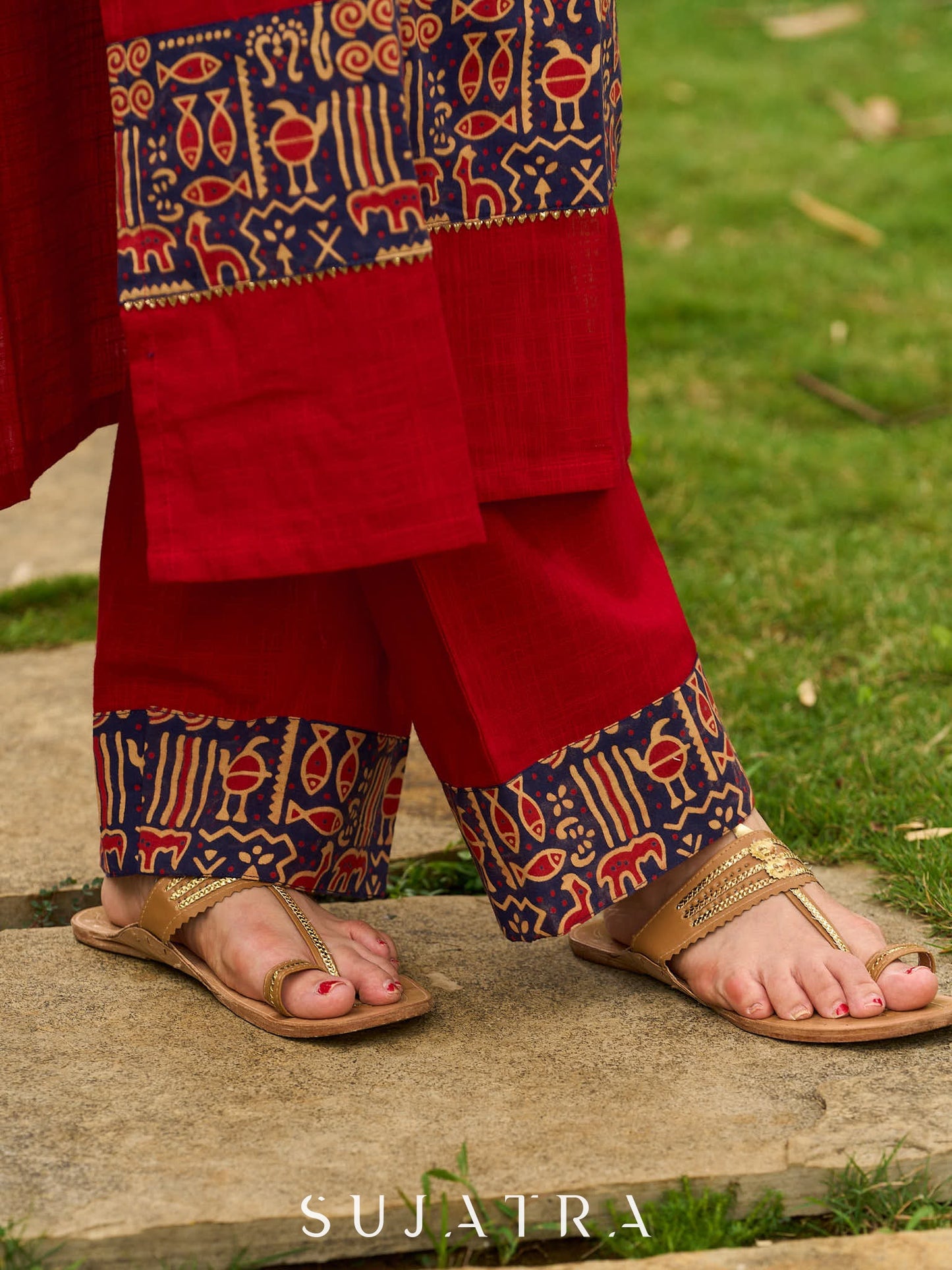 Red Straiht Fit Pant with Traditional Fish Printed Border