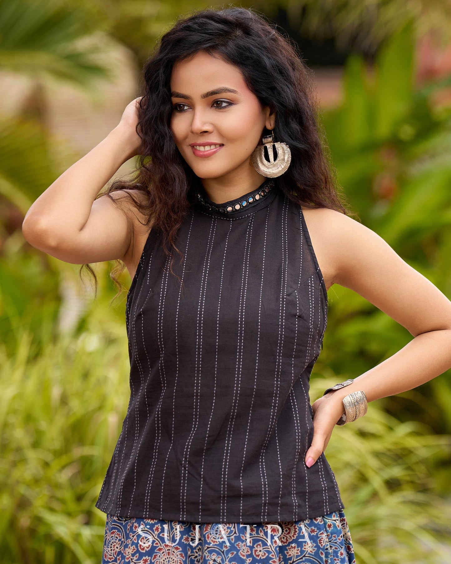 Ajrakh Elegance Blue Skirt & Black Woven Halter Neck Top with Additional Ajrakh Jacket