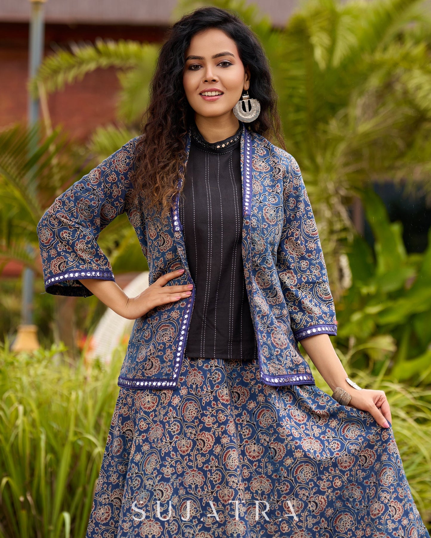 Ajrakh Elegance Blue Skirt & Black Woven Halter Neck Top with Additional Ajrakh Jacket