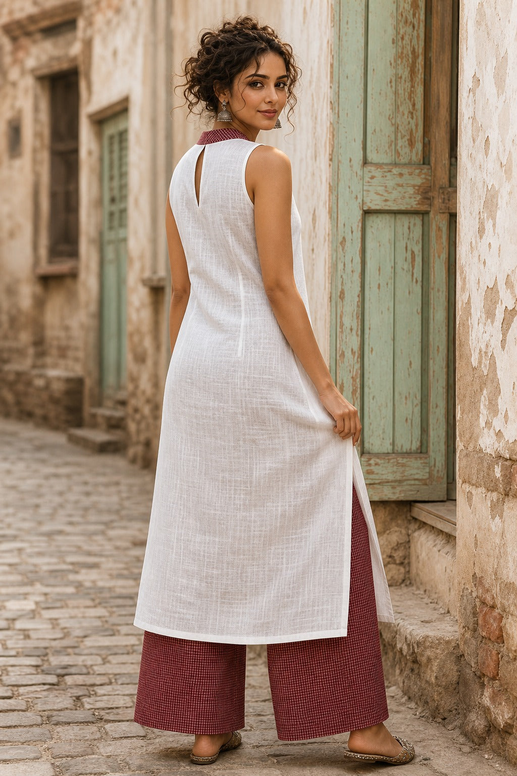 Minimal White Cotton Sleeveless Kurta with Bold Maroon Check V-Yoke & Tonal Embroidery