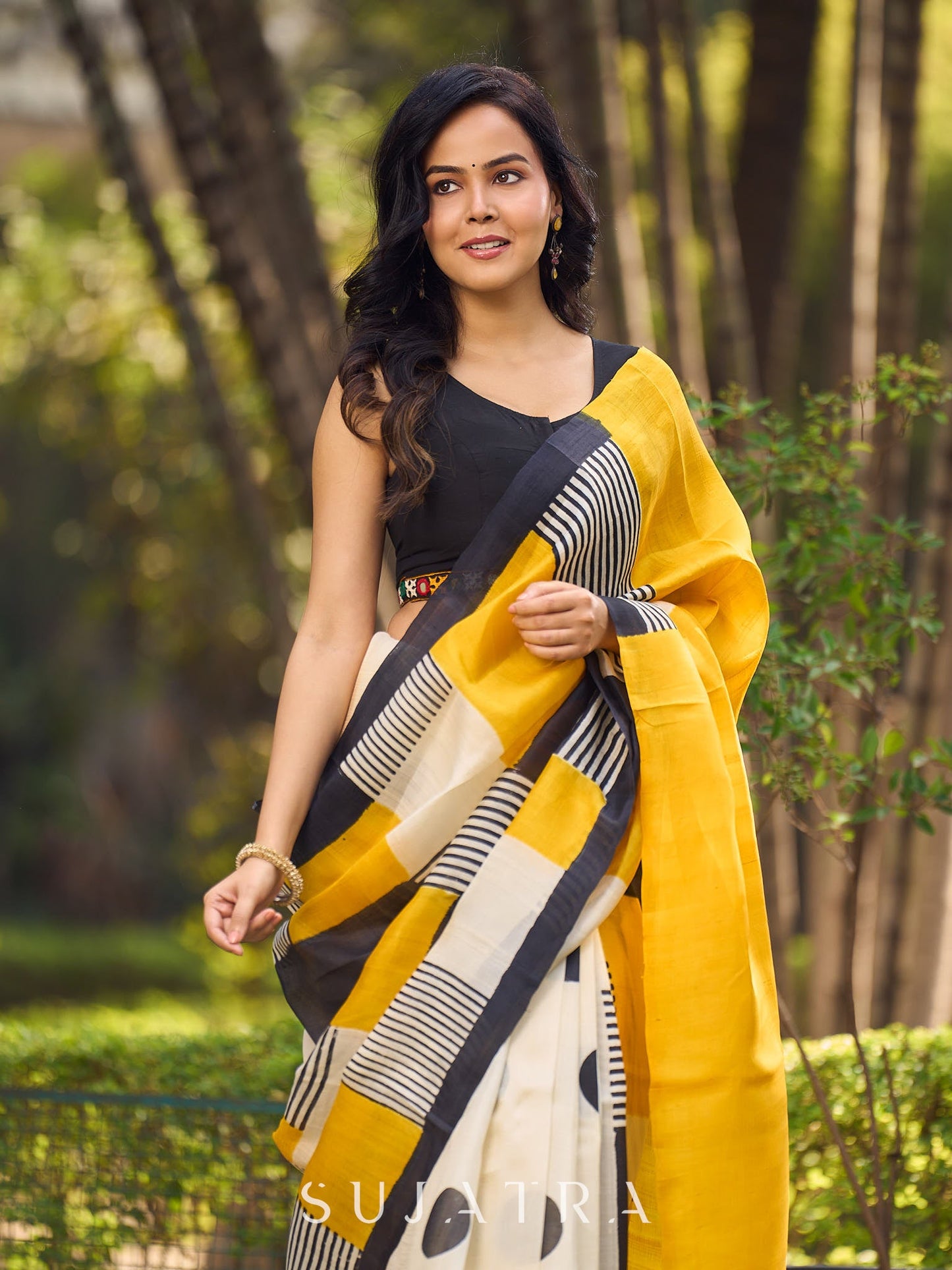 Modern Geometric Pure Silk Block Printed Saree Crafted in Striking Mustard and Classic Ivory Tones