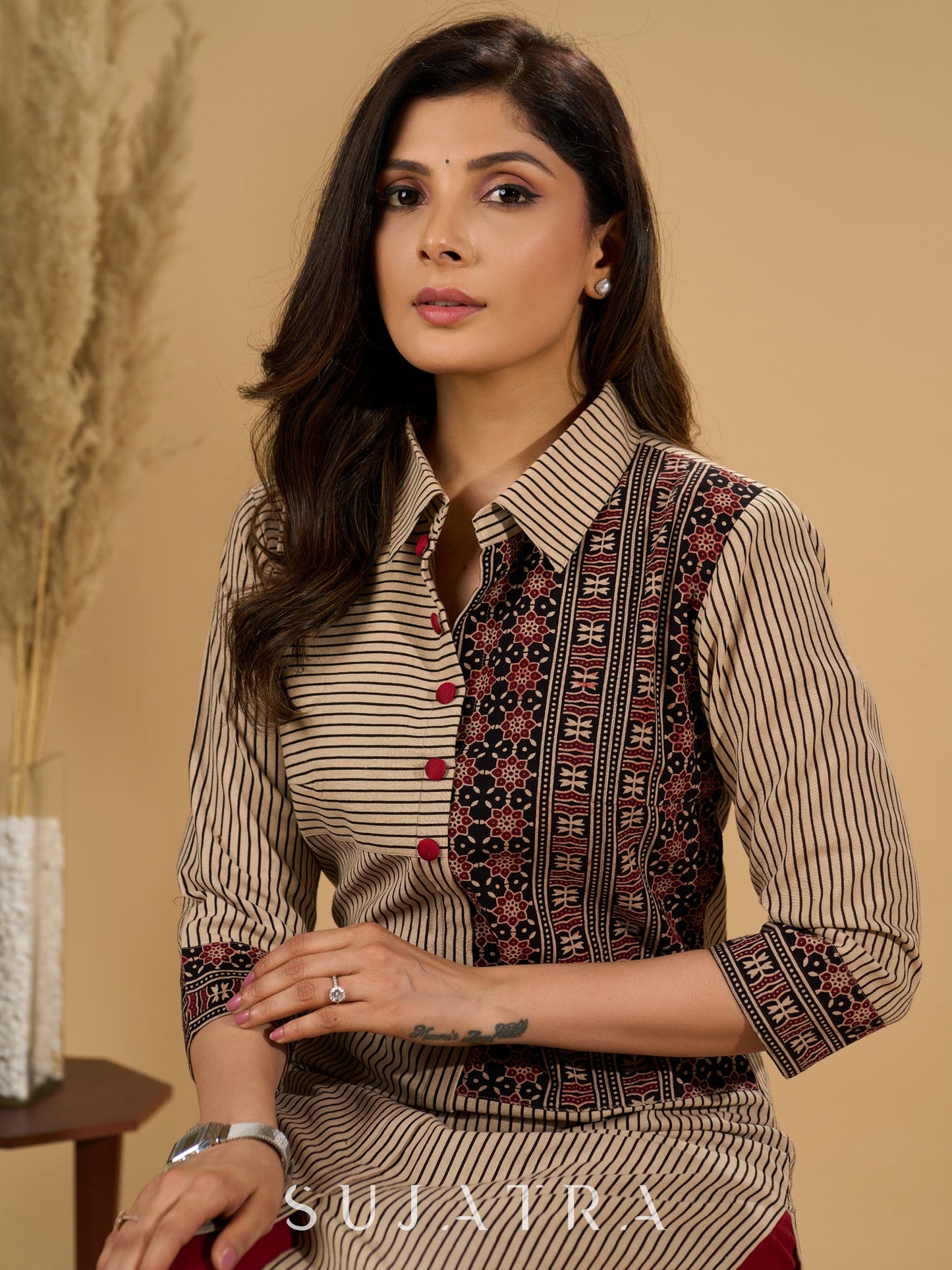 Charming Cream Ajrakh Kurta with Geometric Yoke & Cuffs