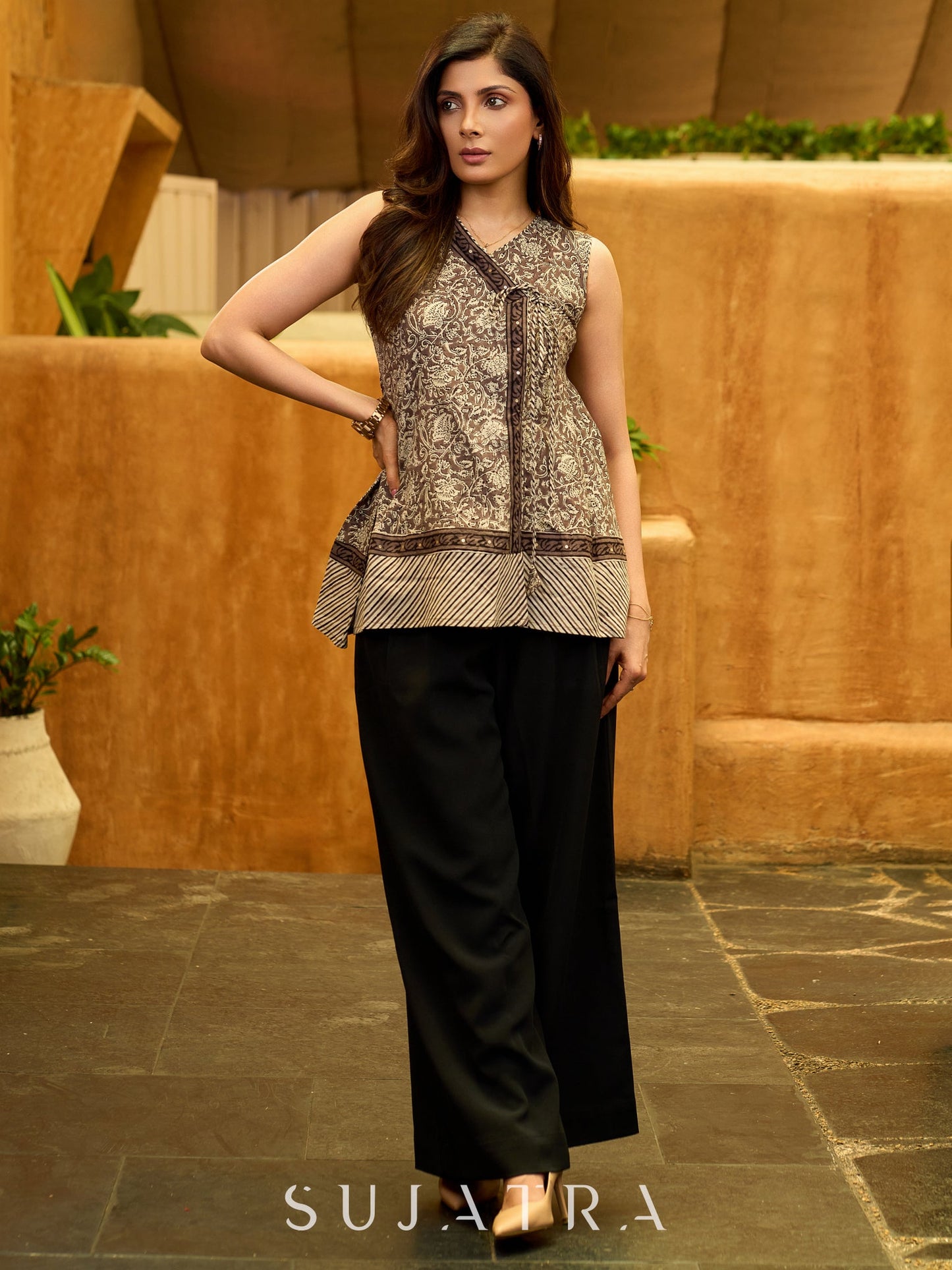Grey Bloom Mul Cotton Sleeveless Wrap Top with Golden Accents and A-line Flare