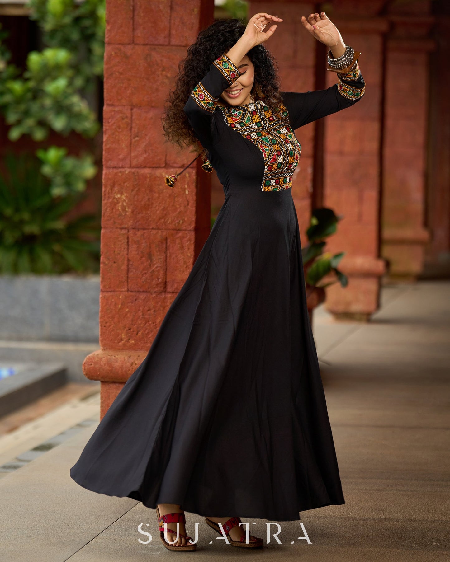 Black Flared Gown with Mirror Work Embellishments