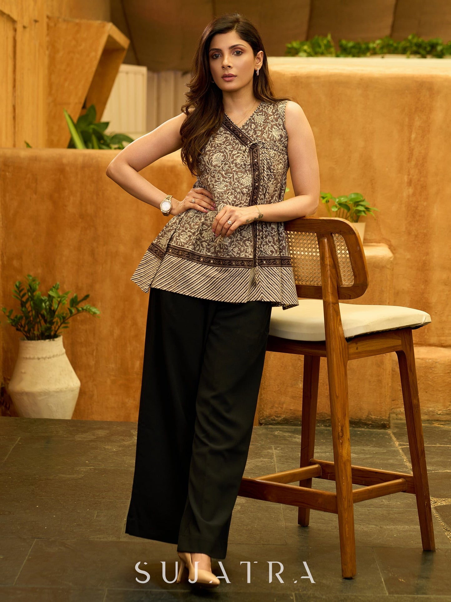 Grey Bloom Mul Cotton Sleeveless Wrap Top with Golden Accents and A-line Flare