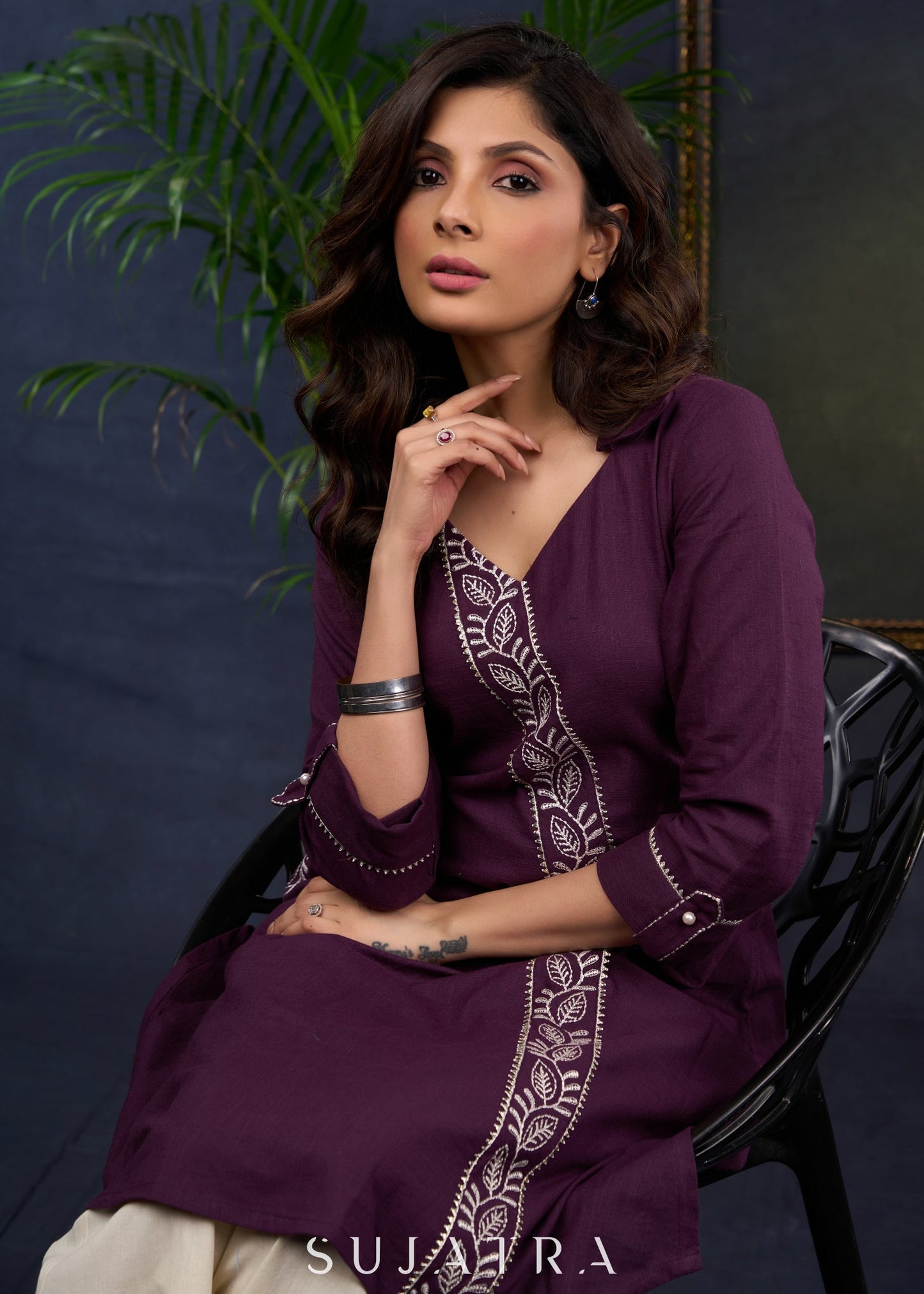 Stylish Asymmetrical Purple Cotton Tunic With Intricate Embroidery -Pant Optional