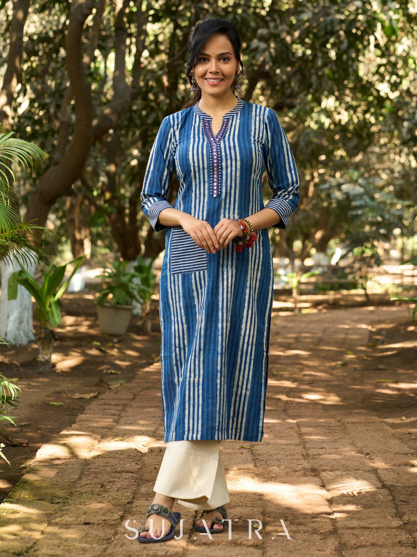 Classic Indigo Striped Kurta with Intricate Mirror Accents